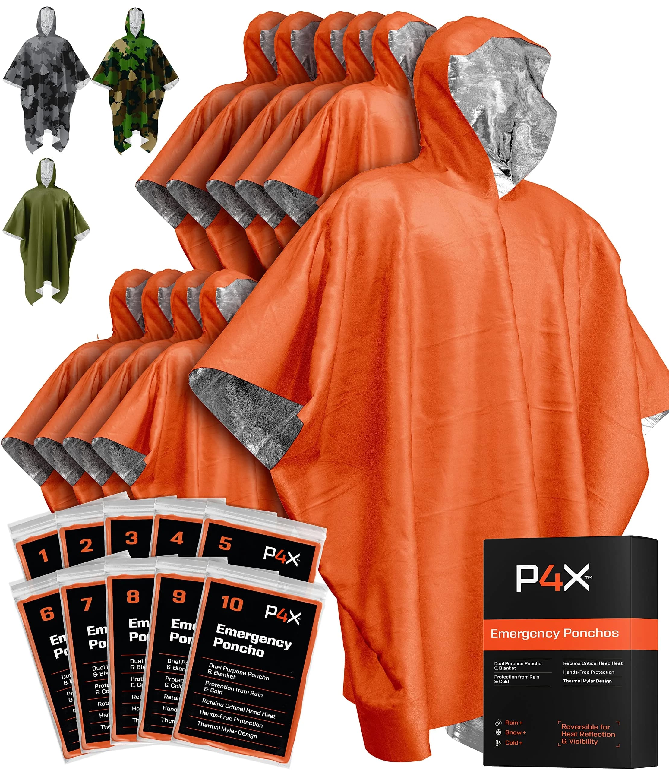 PREPARED4X Emergency Mylar Poncho 10-Pack (Orange) | Survival Rain Poncho with Hood for Hiking & Camping - main product image