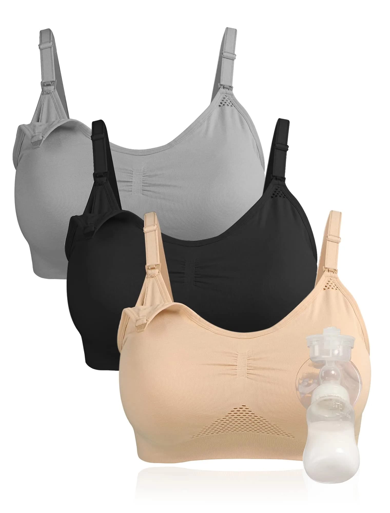 4HOW Hands-Free Pumping & Nursing Bra 3-Pack (Black+Grey+Beige) | Adjustable Support for Breastfeeding Mothers - main product image