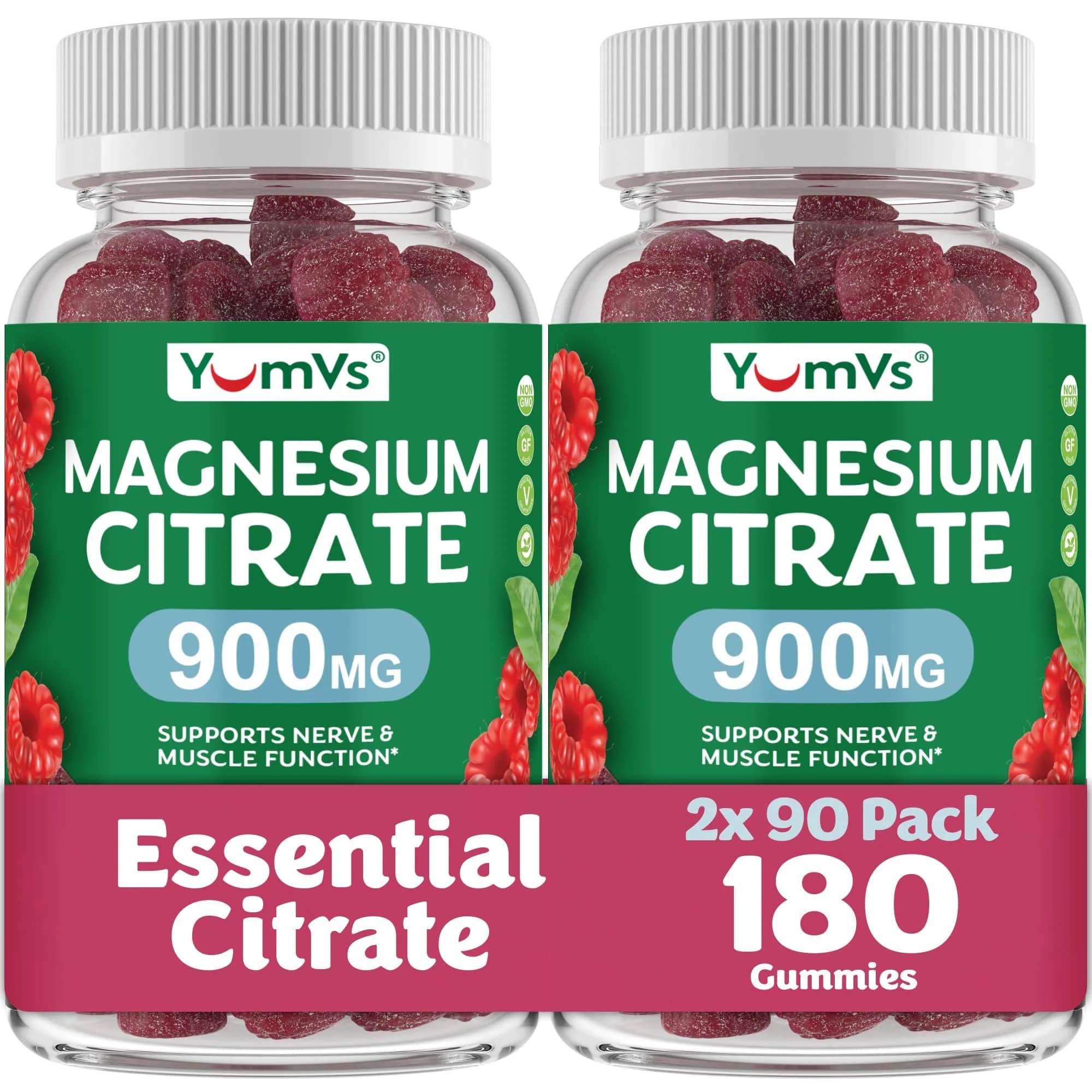 YUM-V'S Magnesium Citrate Gummies 900 mg | Raspberry Flavor, 90 Count, 2-Pack | Supports Nerve & Muscle Function