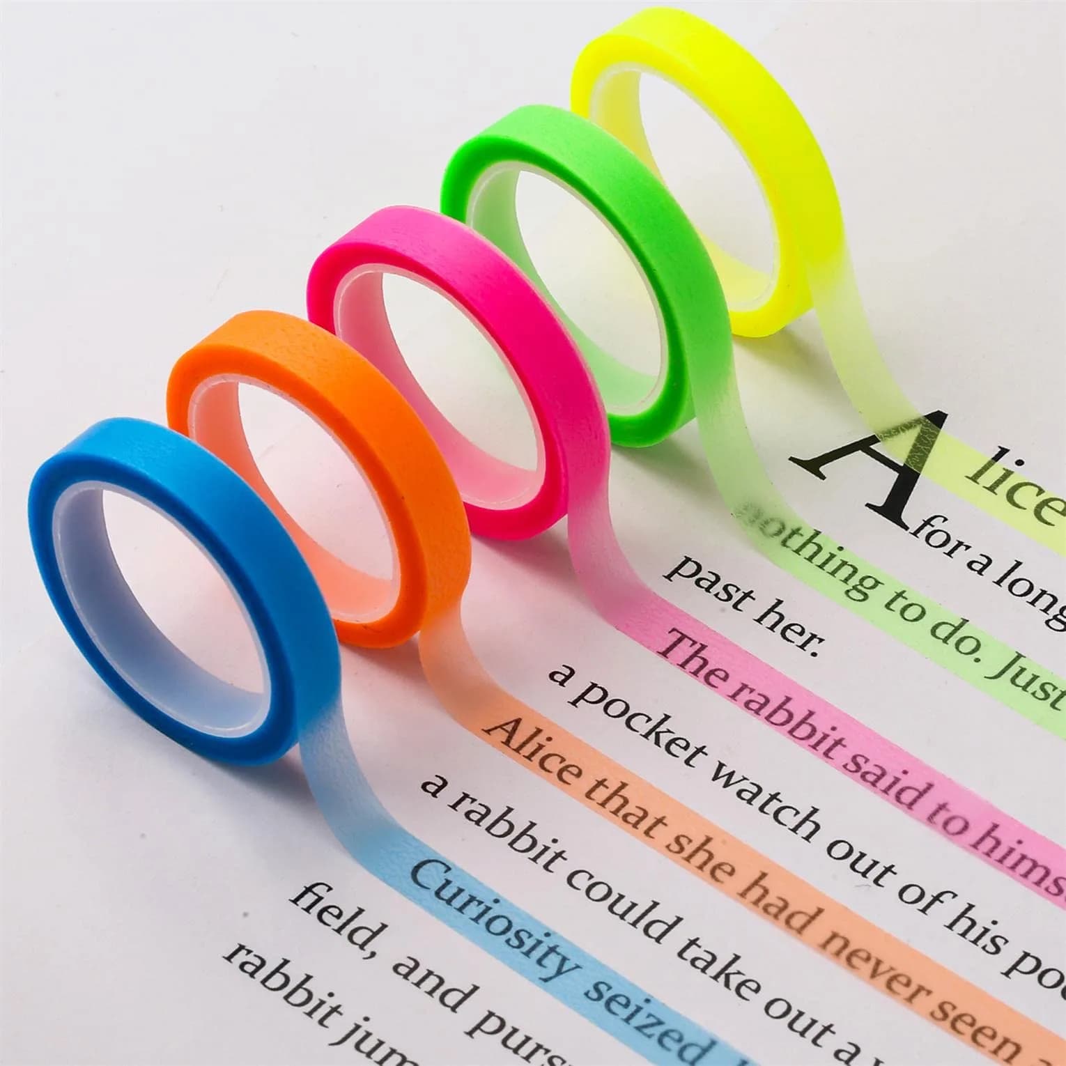 AIEX Highlighter Tapes 5 Rolls 0.23inch x 16.4ft | Fluorescent Neon Removable Tape for Students & Teachers