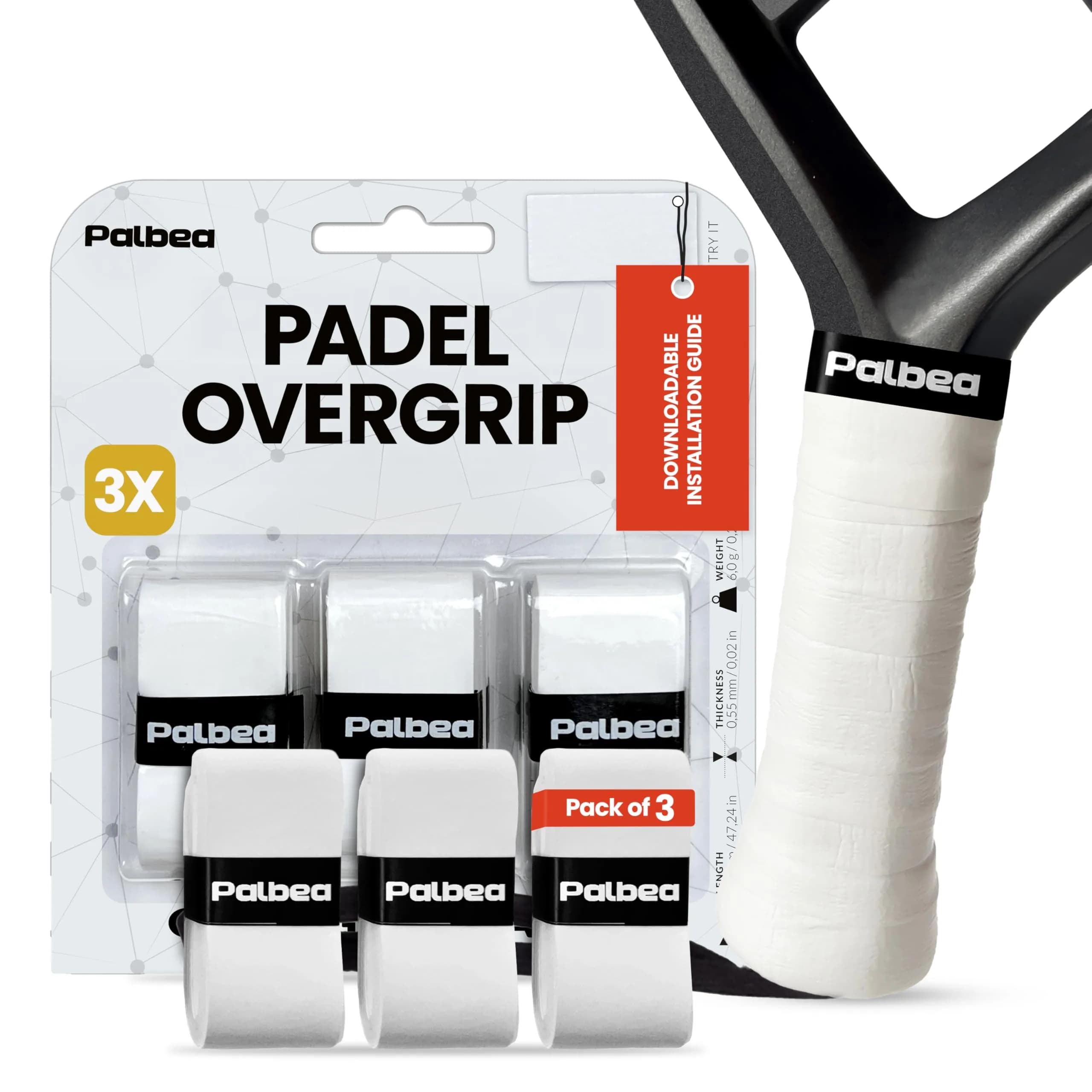 Palbea Padel Racket Grip Tape 3-Pack White | Sweat-Absorbent & Non-Slip for Padel & Tennis - main product image