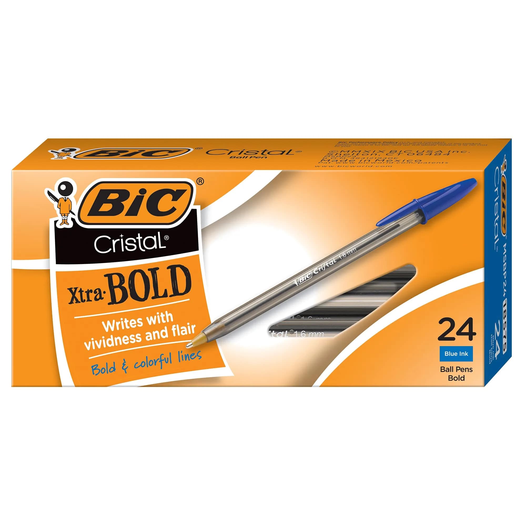 BIC Cristal Xtra Bold Ballpoint Pen, Bold Point (1.6mm) For Vivid And Dramatic Lines, Blue, 24-Count Pack | Smooth Ink Flow Writing Instrument - main product image