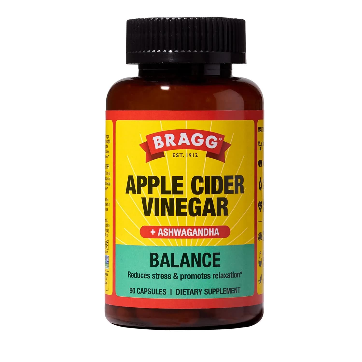 BRAGG Balance Apple Cider Vinegar Capsules with Ashwagandha - 90 Capsules | Supports Energy & Stress Relief