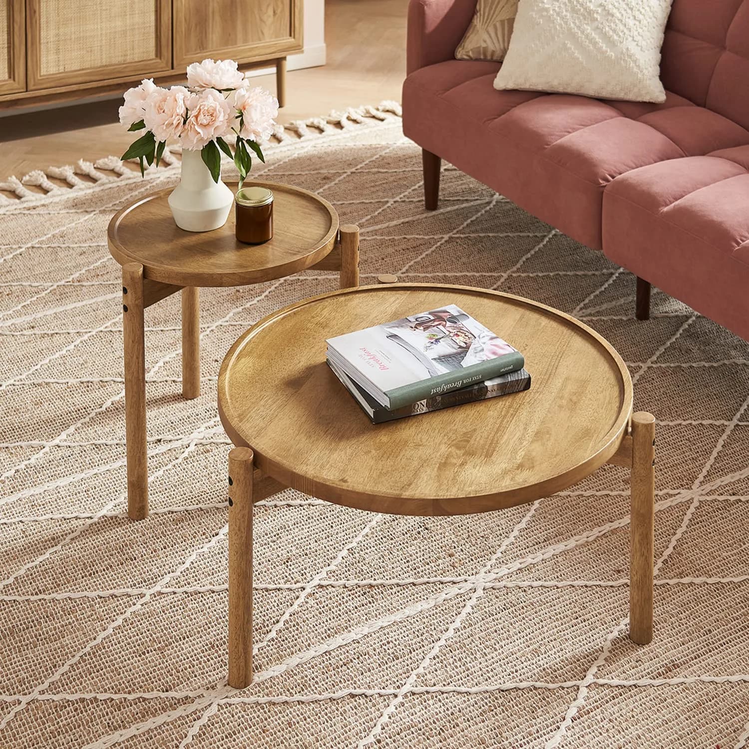 mopio Dylan Solid Wood Nesting Coffee Table Set (Mango Wood Oak, Round) | Modern Rustic Farmhouse Style - main product image