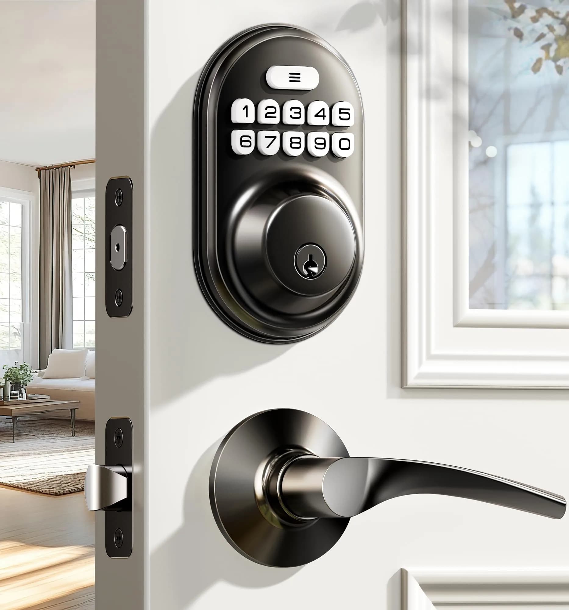Veise RZ-C Keyless Entry Door Lock with 2 Lever Handles | Matte Black, Auto Lock & Anti-Peeping - main product image