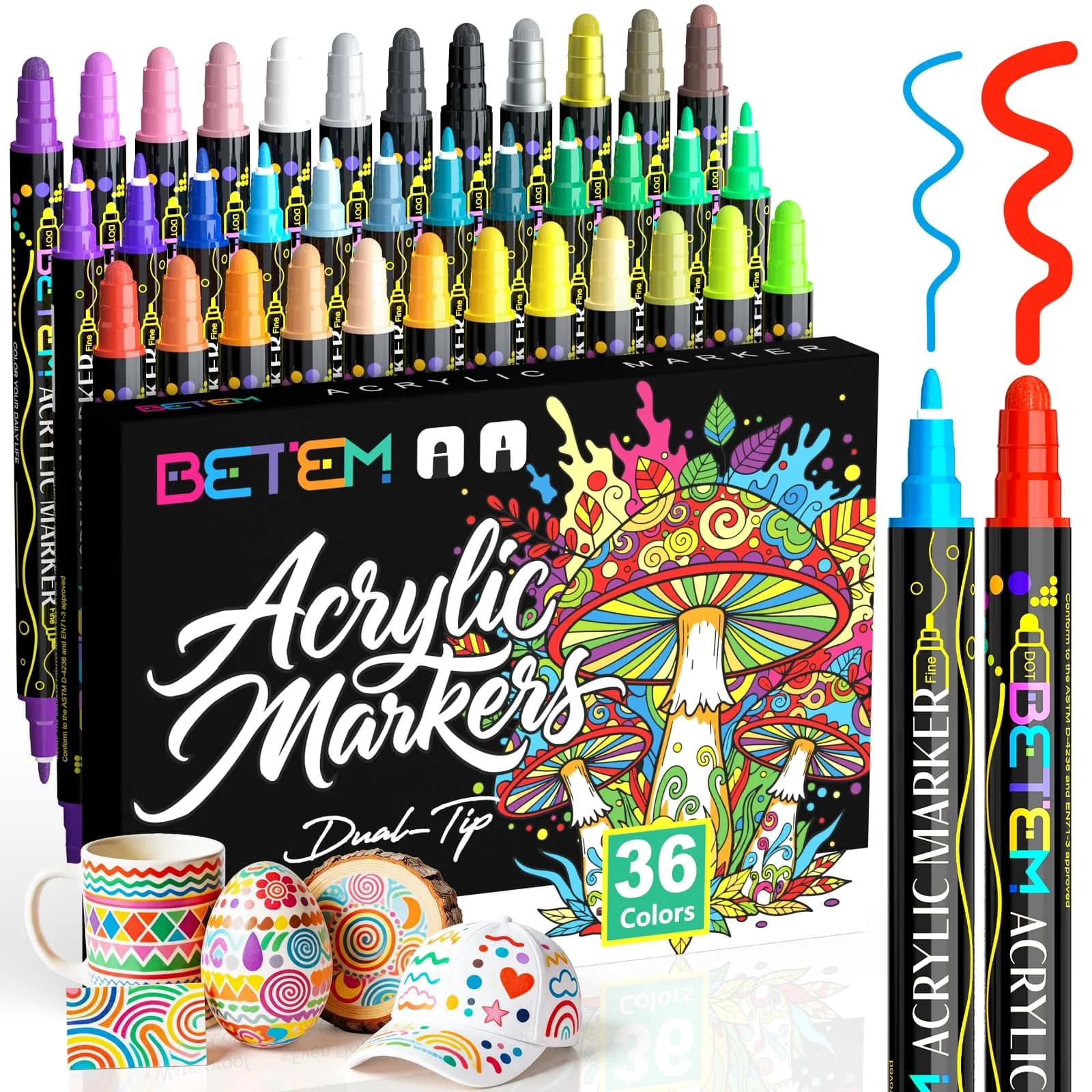 Betem 36 Colors Dual Tip Acrylic Paint Markers | Assorted Colors Marking Pen - main product image