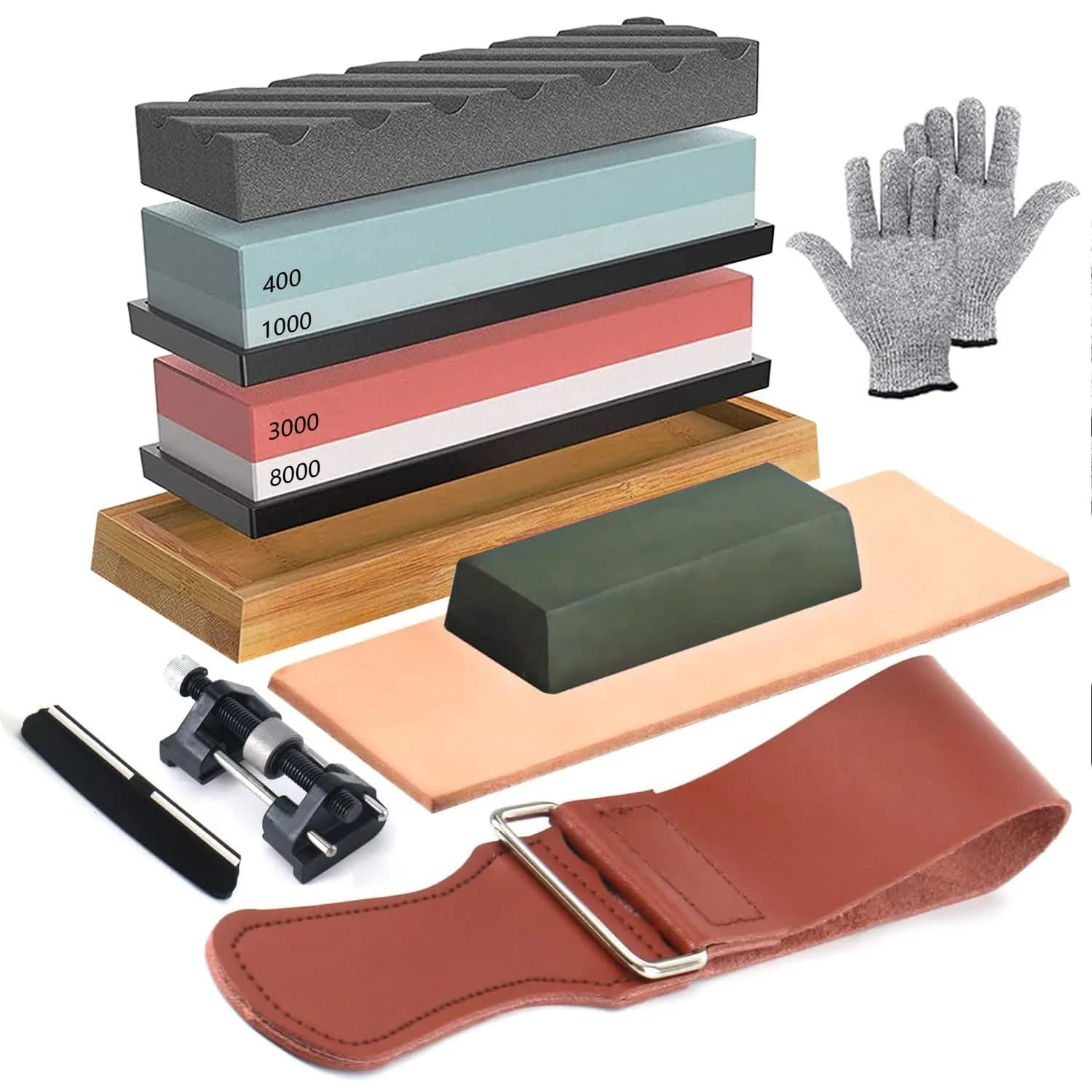 Lrker 4-Side Whetstone Sharpener Set 400/1000/3000/8000 Grit with Bamboo Base & Cut Resistant Gloves - main product image