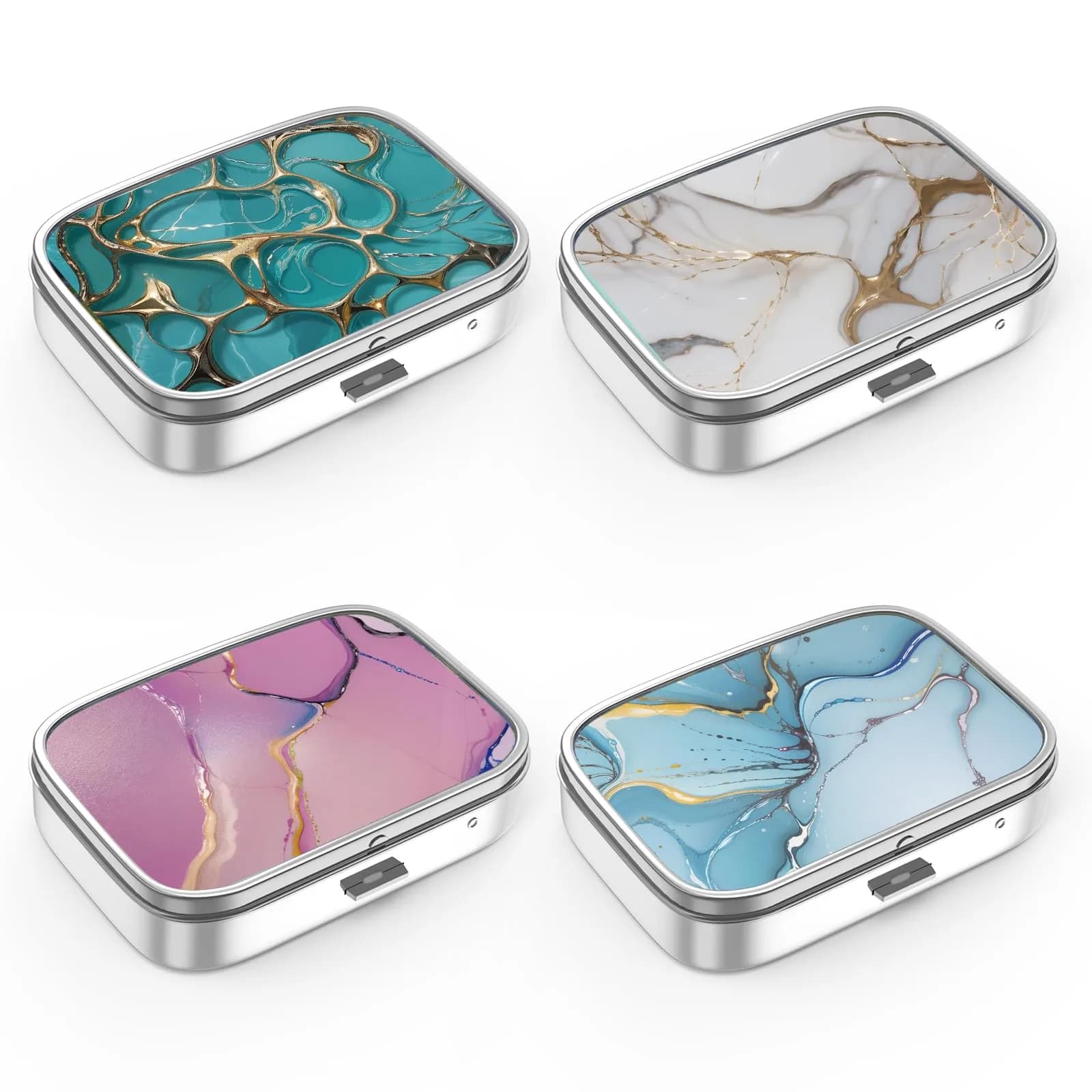 Hion Metal Pill Box 2 Compartment Medicine Vitamin Organizer with Mirror (4-Pack, Set-4-Marble) - main product image