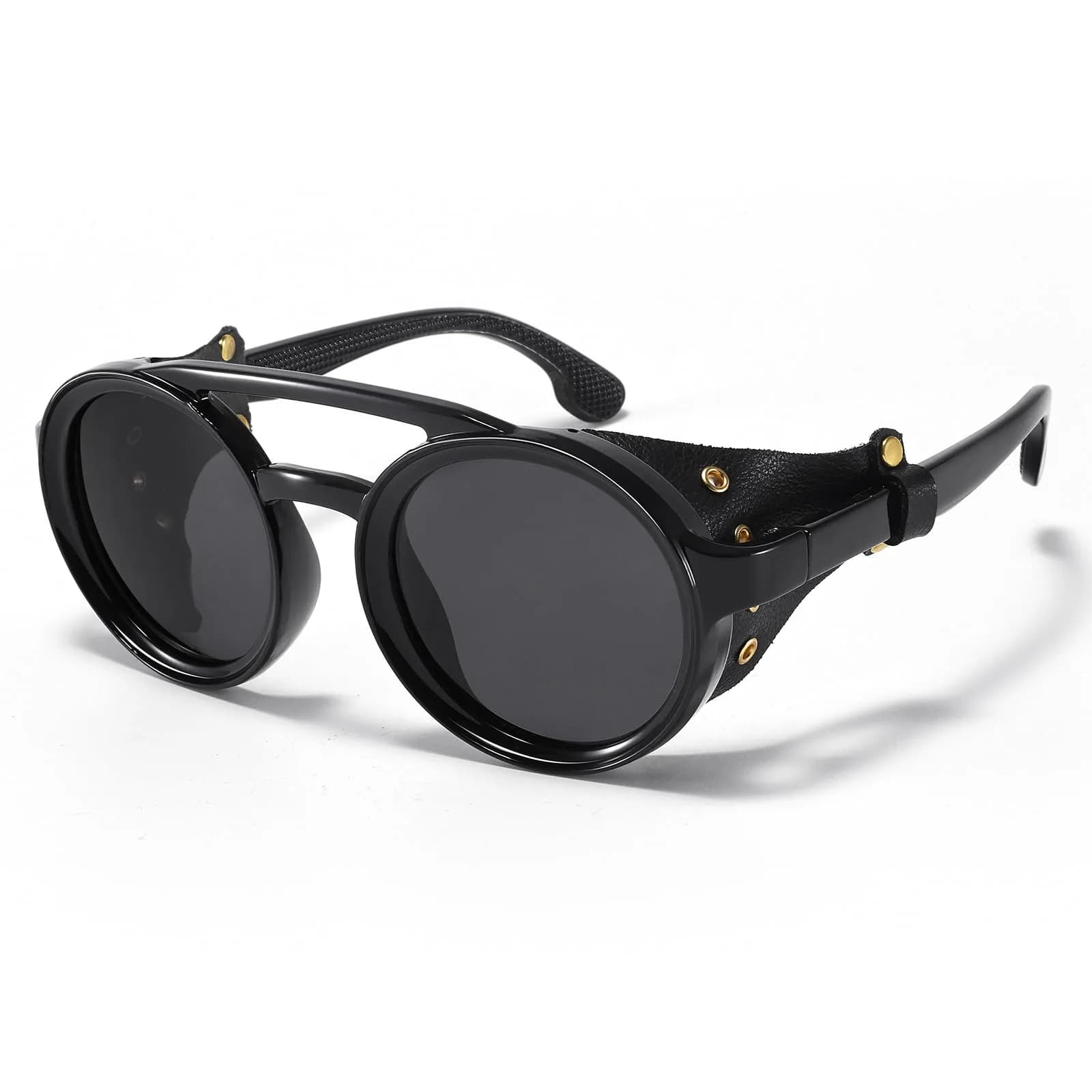 MUDIWRLO Polarized Round Steampunk Sunglasses with Leather Side Double Bridge Shield for Men Women - main product image