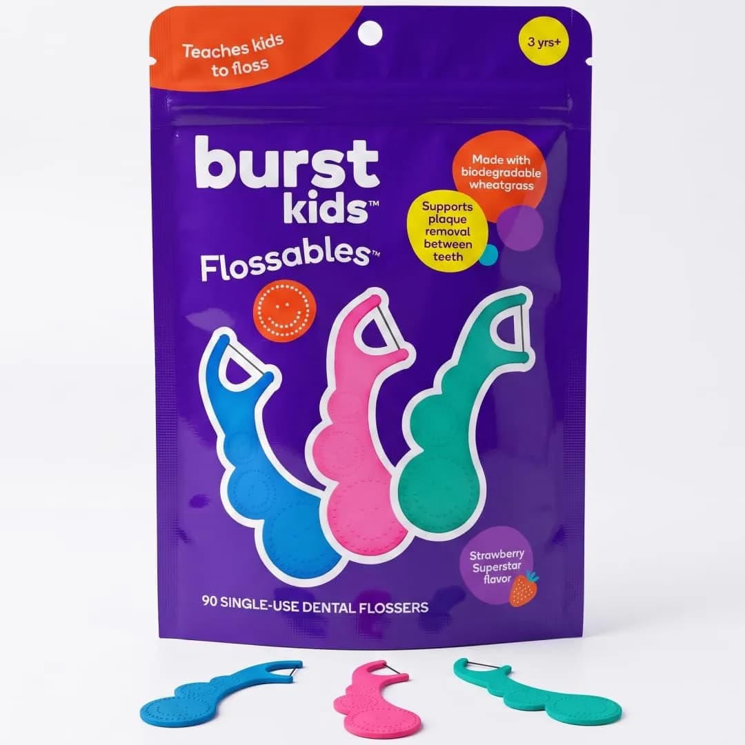 Burst Kids Flossers 90 Count | Strawberry Aroma | Ergonomic, Biodegradable, No-Shred Floss