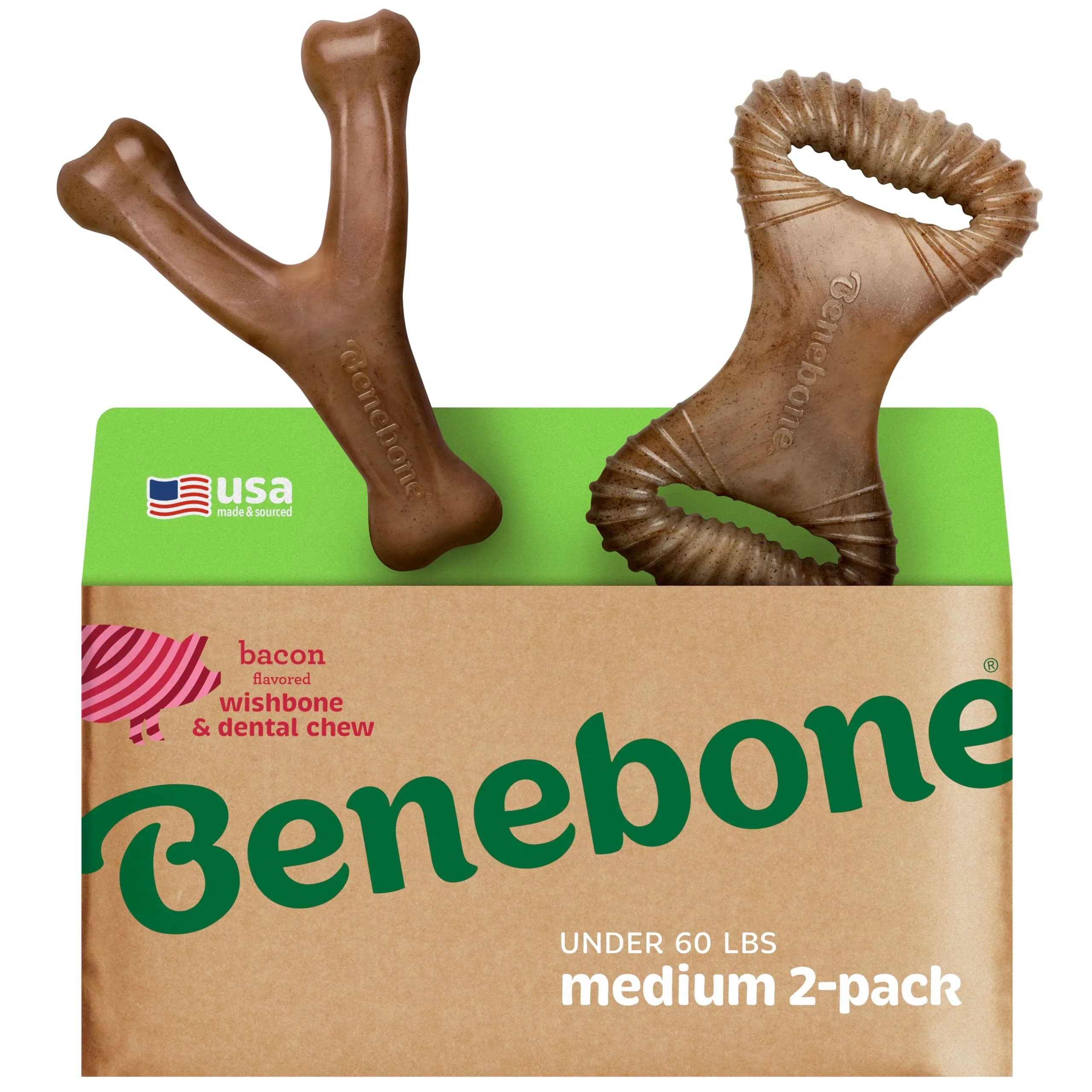 Benebone 2-pack Wishbone/Dental Dog Chew Toys, Medium | Real Bacon Flavor, Durable Nylon Chew