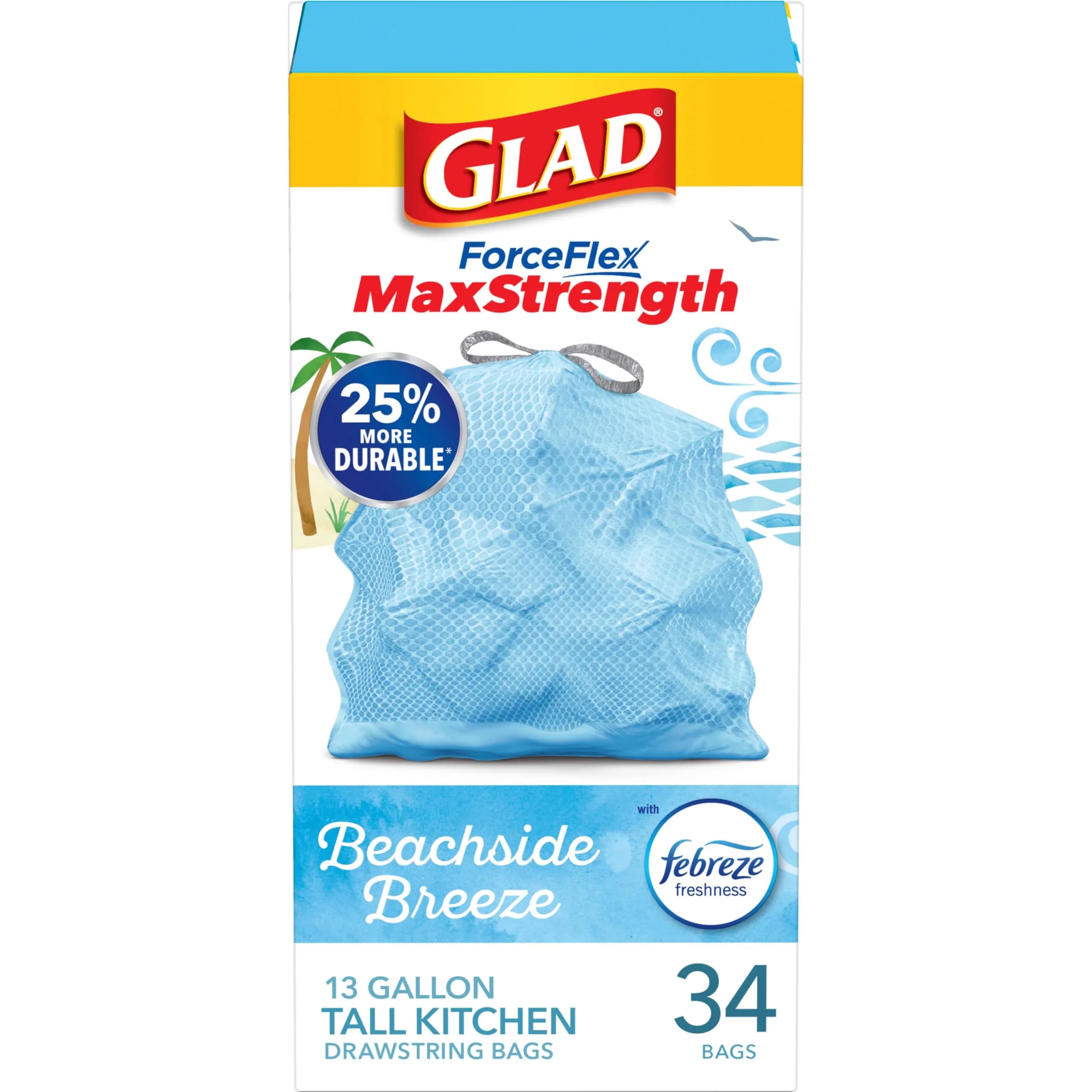 Glad ForceFlex MaxStrength Tall Kitchen Trash Bags 13 Gallon 34 Count | Beachside Breeze Scented, USA Import - main product image