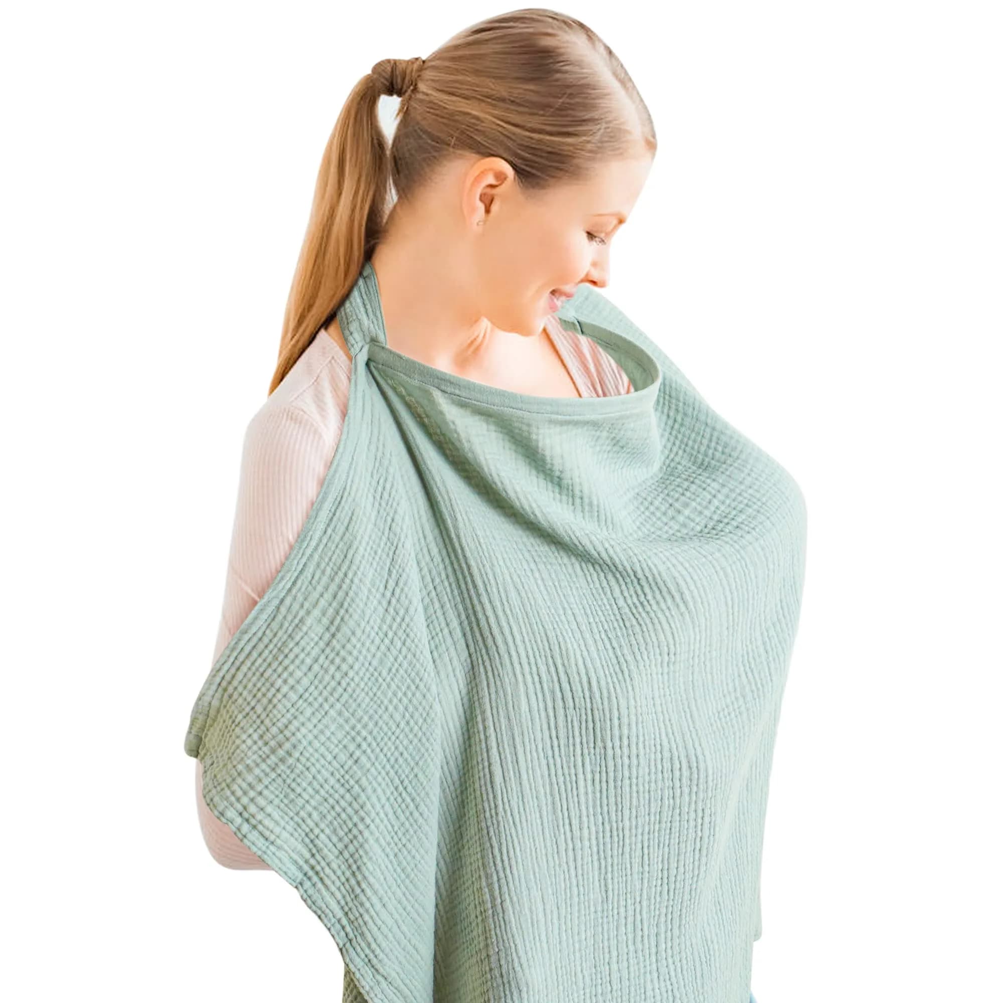 Konssy Muslin Nursing Cover Up for Breastfeeding with Rigid Hoop - Green, 100% Cotton (Muslin) - main product image