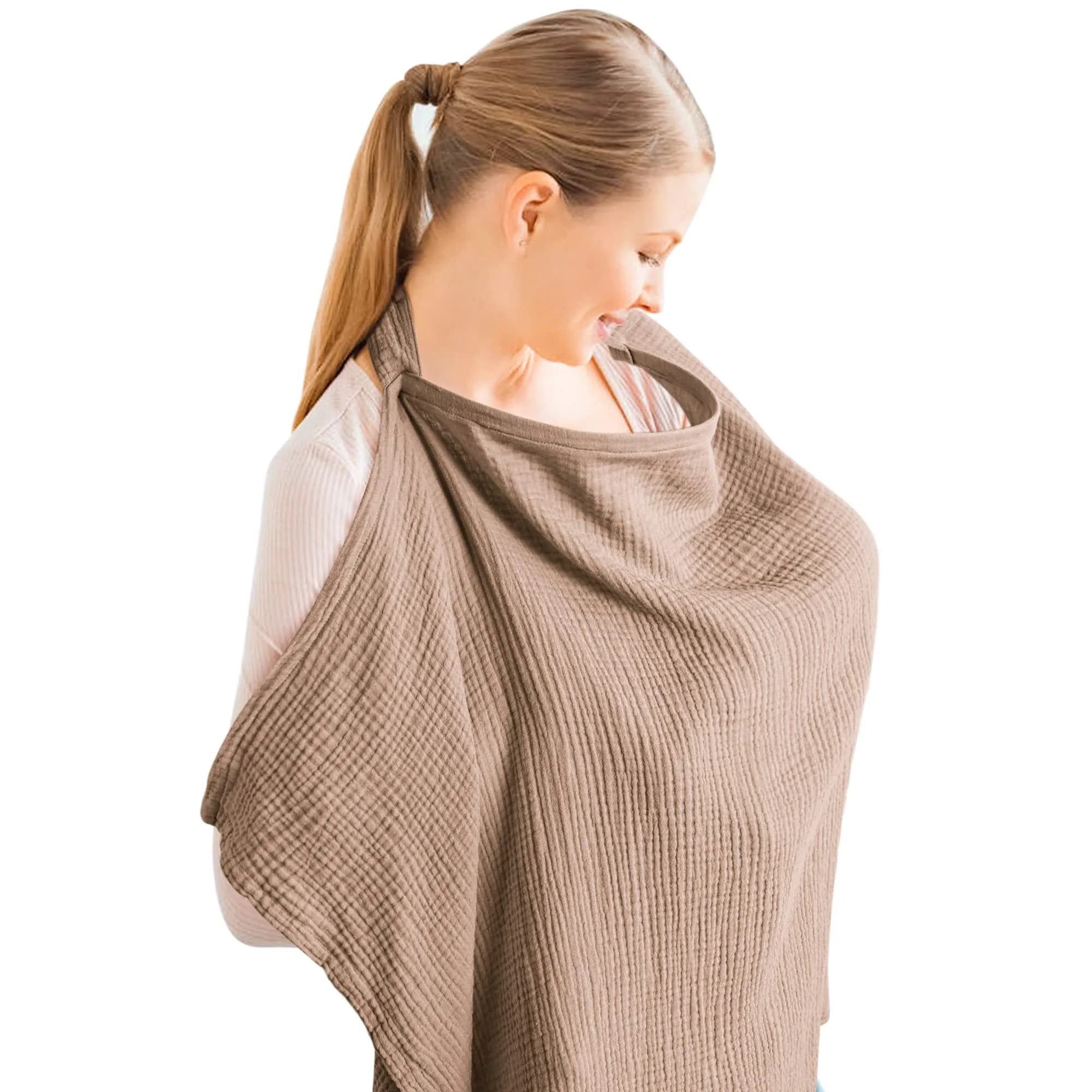 Konssy Muslin Nursing Cover Up for Breastfeeding with Rigid Hoop, 100% Cotton (Brown) | Breathable & Skin-Friendly for Moms & Babies - main product image