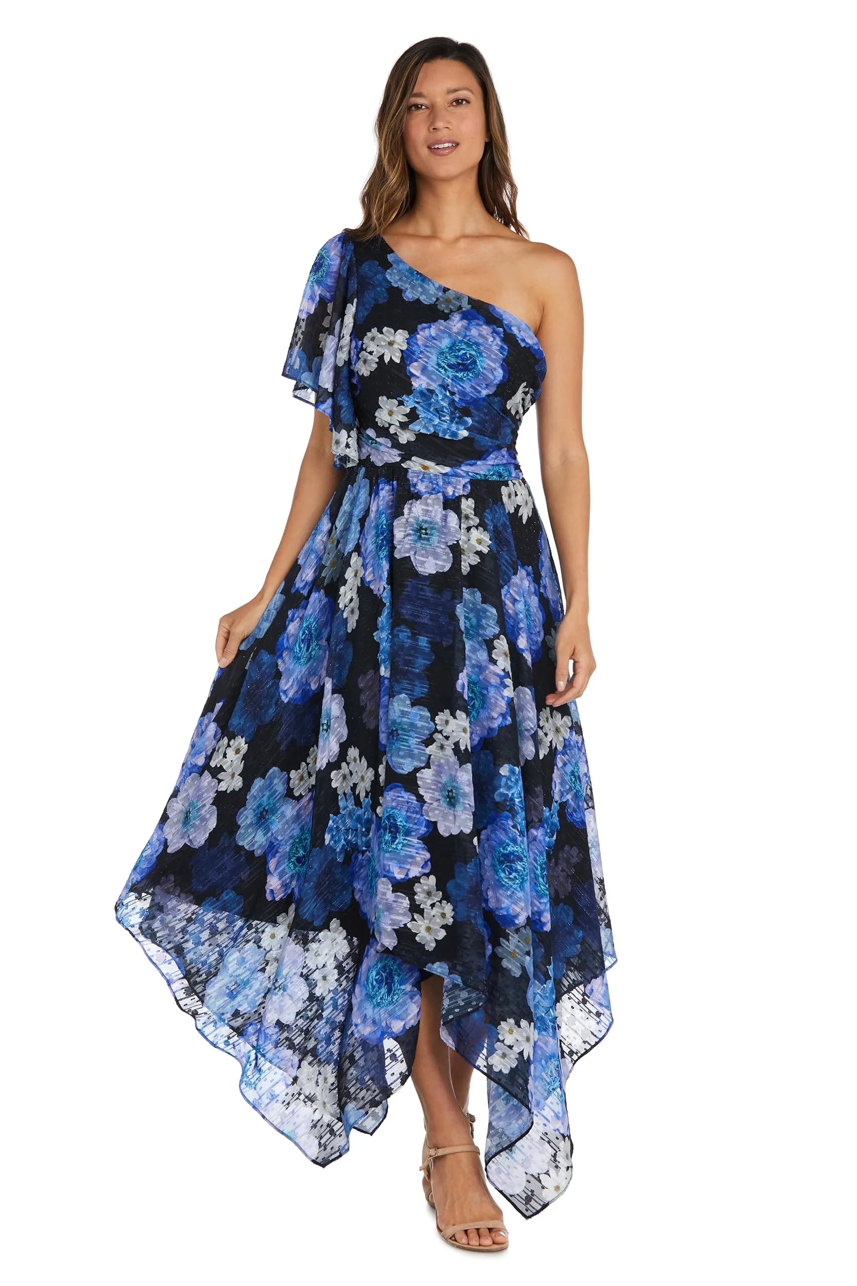 Nightway Women's One-Shoulder Floral Hi-Lo Gown | Flowy Maxi Dress W/Flutter Sleeve & Draped Bodice | Evening Cocktail Party Black/Royal - main product image