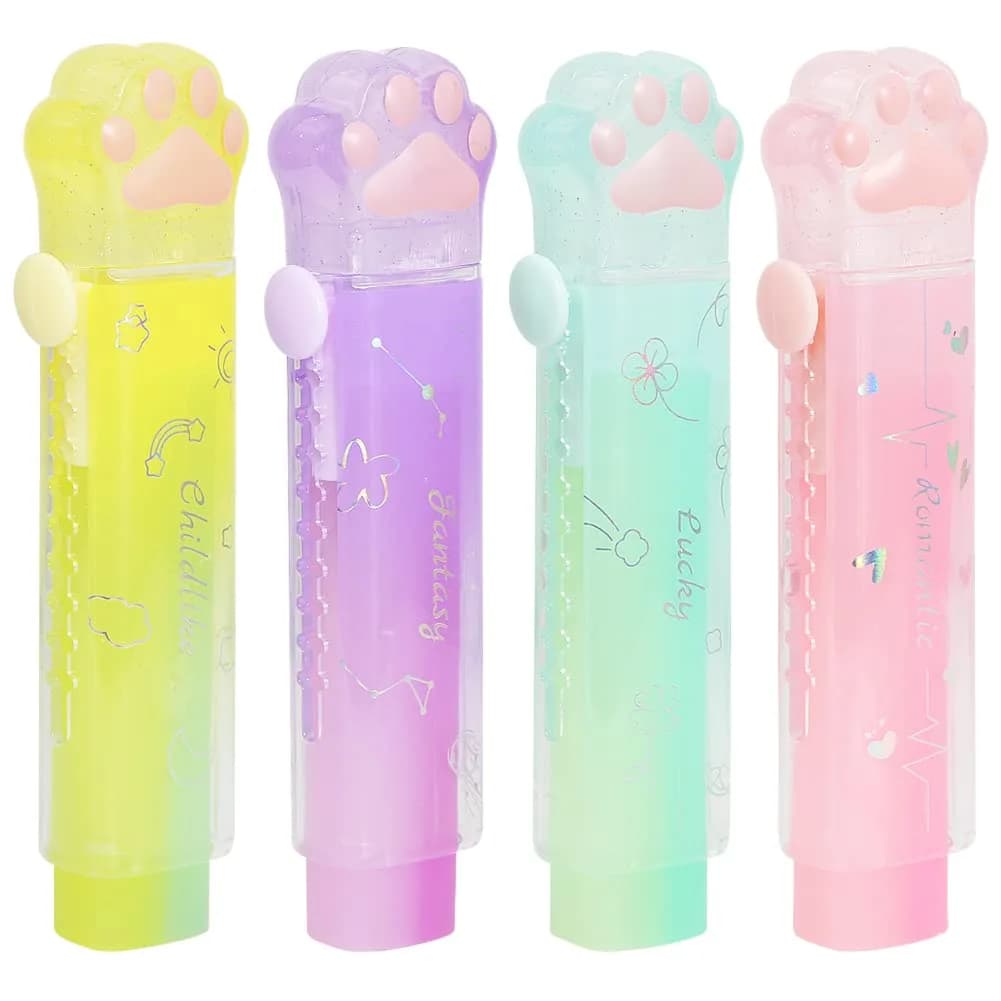 Geluode 4 Pcs Cat Paw Erasers | Retractable Rainbow Office & School Supplies