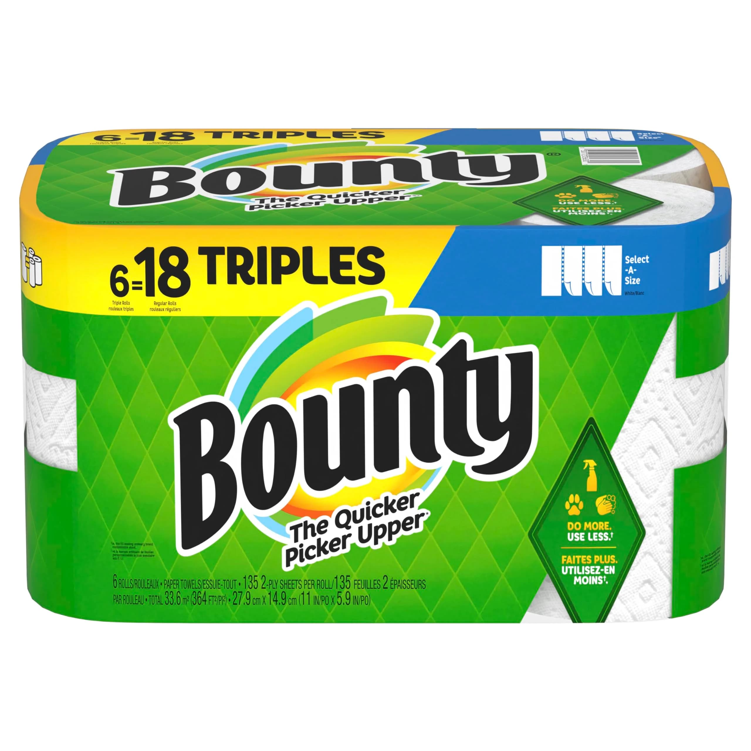 Bounty Select-A-Size Paper Towels, 6 Triple Rolls, White - Absorbent & Quicker Picker Upper