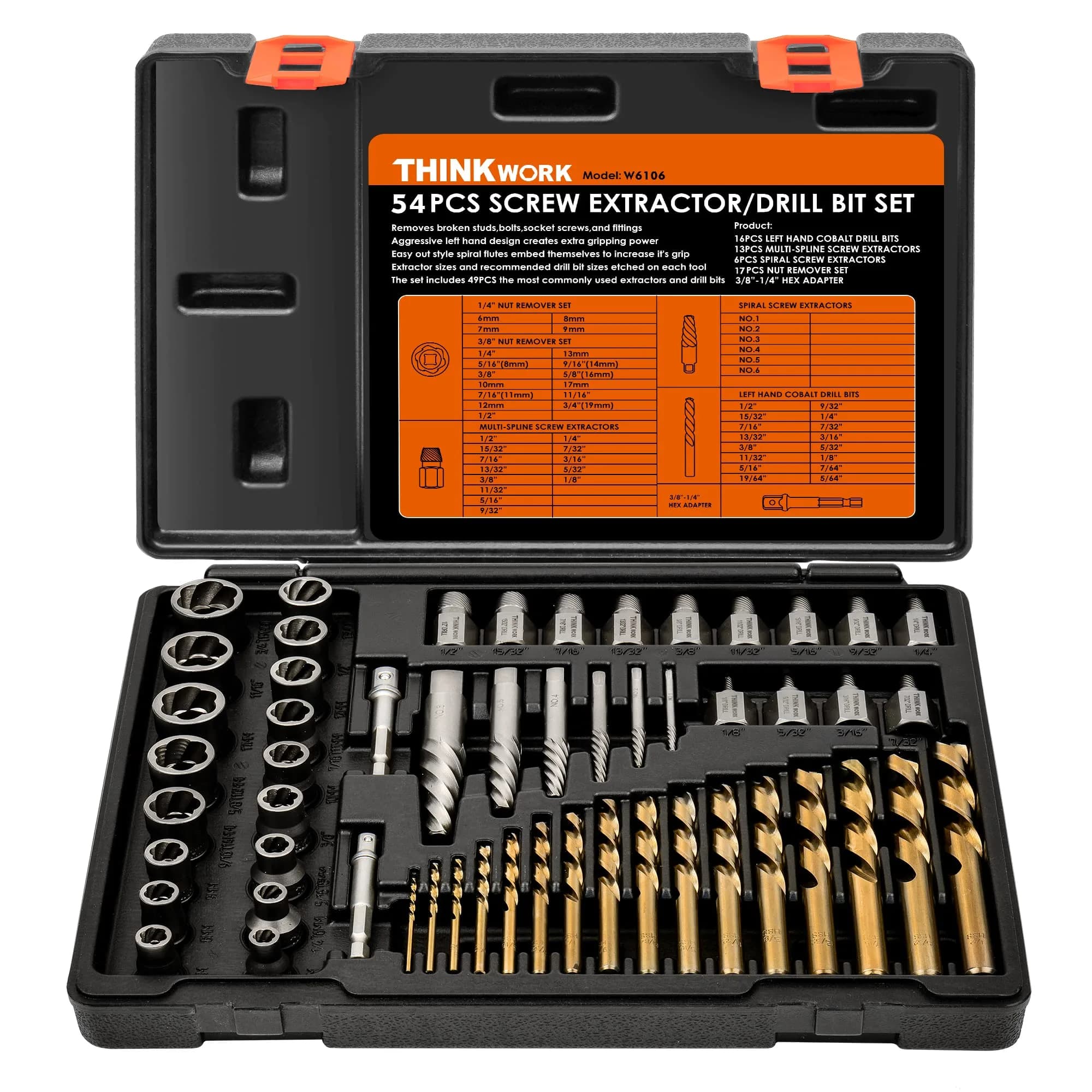 THINKWORK 54-Piece Bolt Extractor Kit with 3/8" Drive | Removes Damaged, Frozen, Rusted, Rounded-Off Bolts, Nuts & Screws - main product image