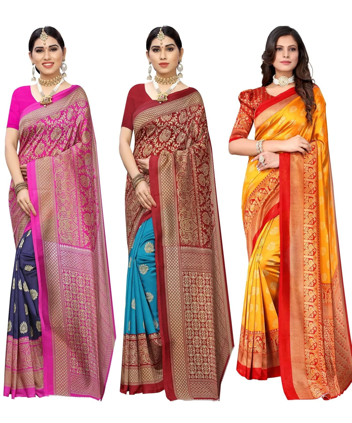 Yashika Women's Combo Art Silk Saree with Blouse, Pack of 3, Navy Blue, Mustard, Multicoloured | Elegant Festival & Wedding Wear - main product image