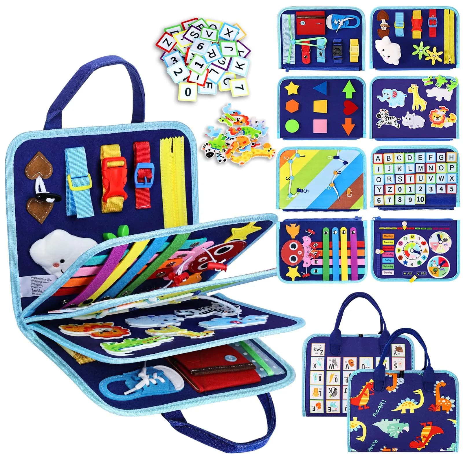 Esjay Blue Dinosaur Toddler Busy Board Montessori Toys for Boys, 8-Page Sensory Book with Fine Motor Skill Activities - main product image