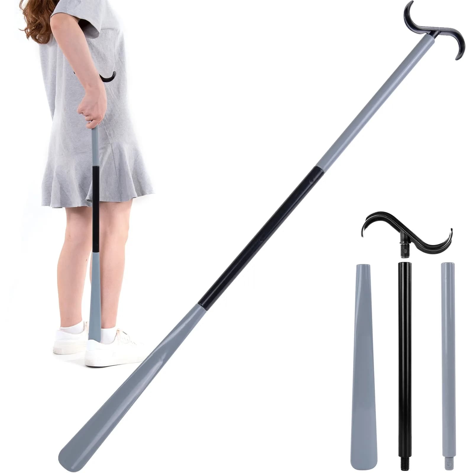 JJDPARTS 35" Long Dressing Stick with Shoe Horn & Sock Removal Tool | Adjustable Extended Dressing Aid for Shoes, Socks, Shirts, Pants (Grey/Black) - main product image