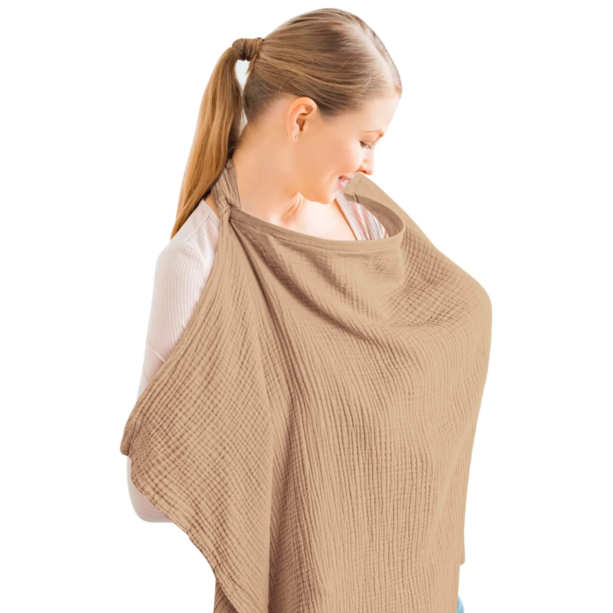 Konssy Muslin Nursing Cover Camel | 100% Cotton Breathable for Breastfeeding with Rigid Hoop & Adjustable Strap - main product image