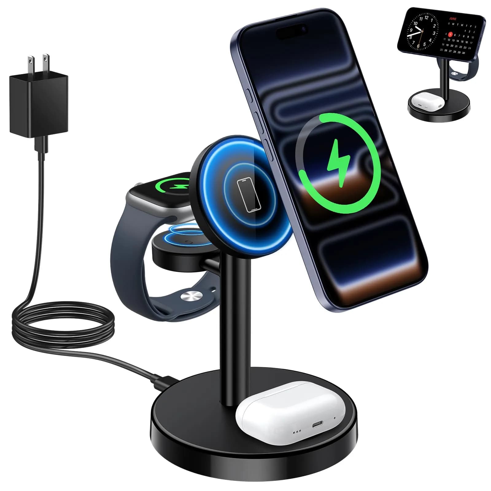 Aeinidi 3 in 1 Magnetic Wireless Charging Station for Apple Magsafe Charger | 15W Fast Magnetic Stand