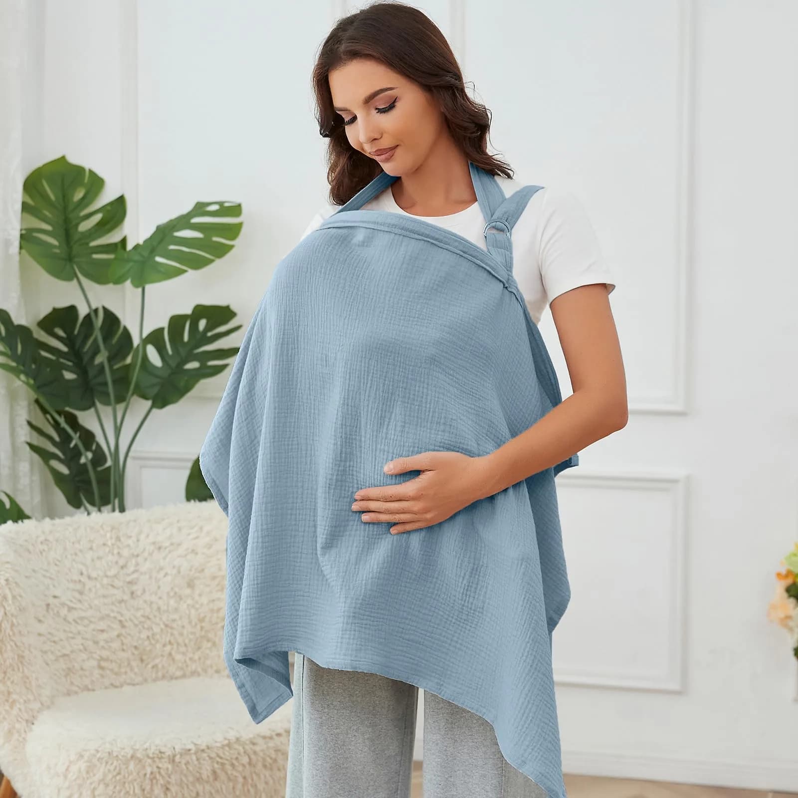 Zdolmy Muslin Nursing Cover for Breastfeeding, Breathable 100% Cotton Privacy Cover with Rigid Hoop, Light Blue (100 x 70 cm / 39.4 x 27.4 in) - main product image