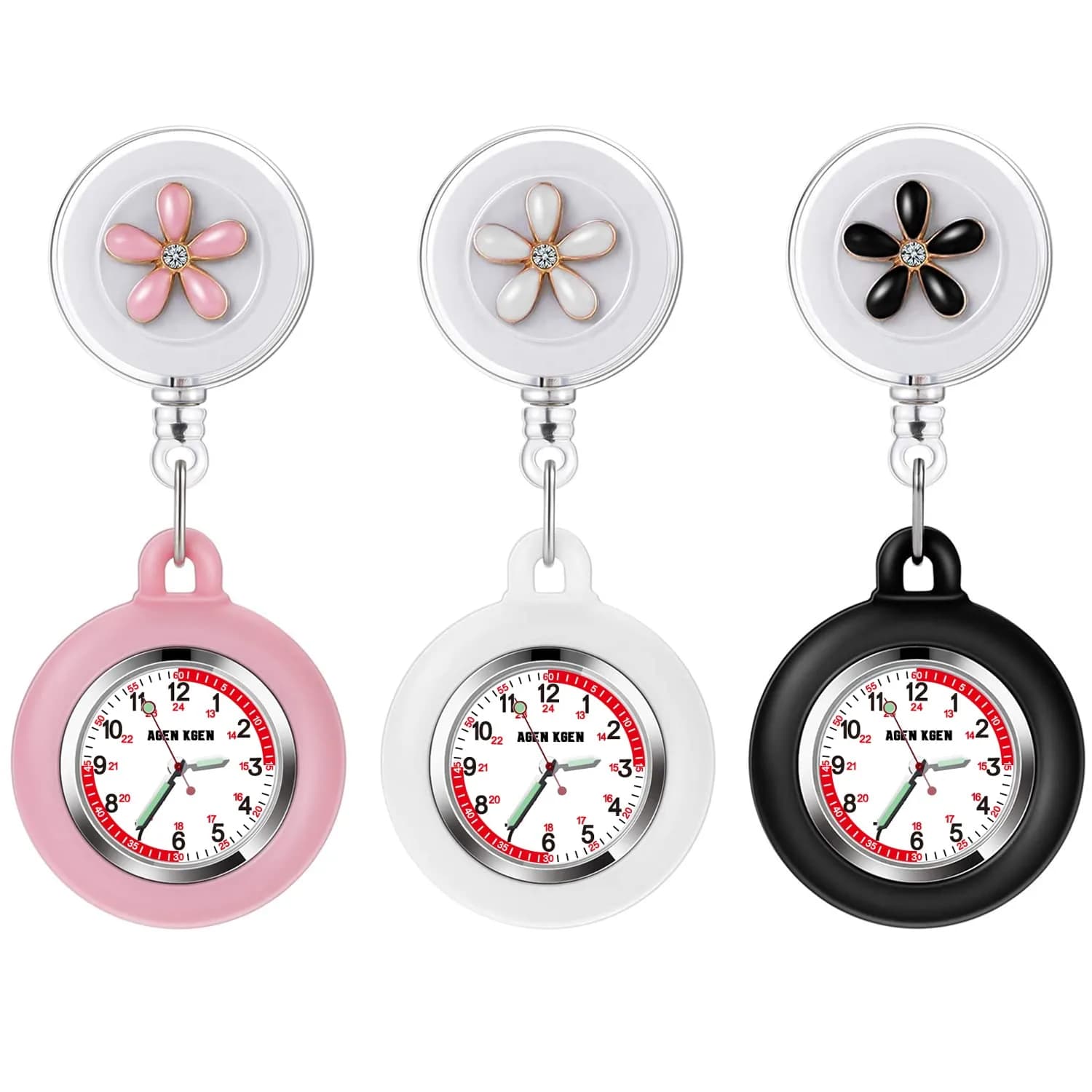AGEN KGEN 3-Pack Retractable Nurse Watches | Japanese Quartz Movement, 38mm Case, Silicone Cover - main product image