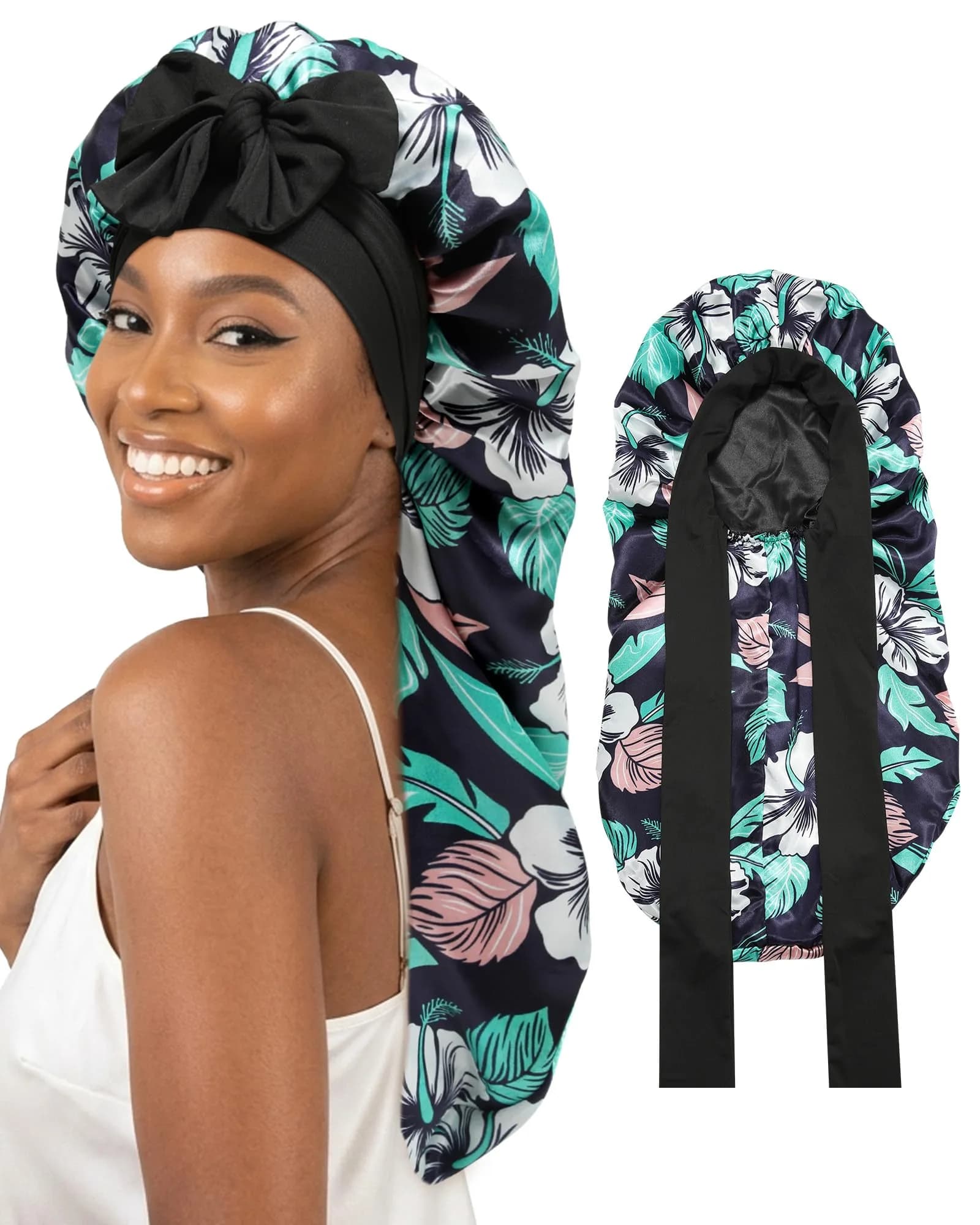 AWAYTR Long Satin Bonnet for Braids - Double Layer Hair Bonnet with Straps, 27in (68cm) | Stays On All Night - main product image