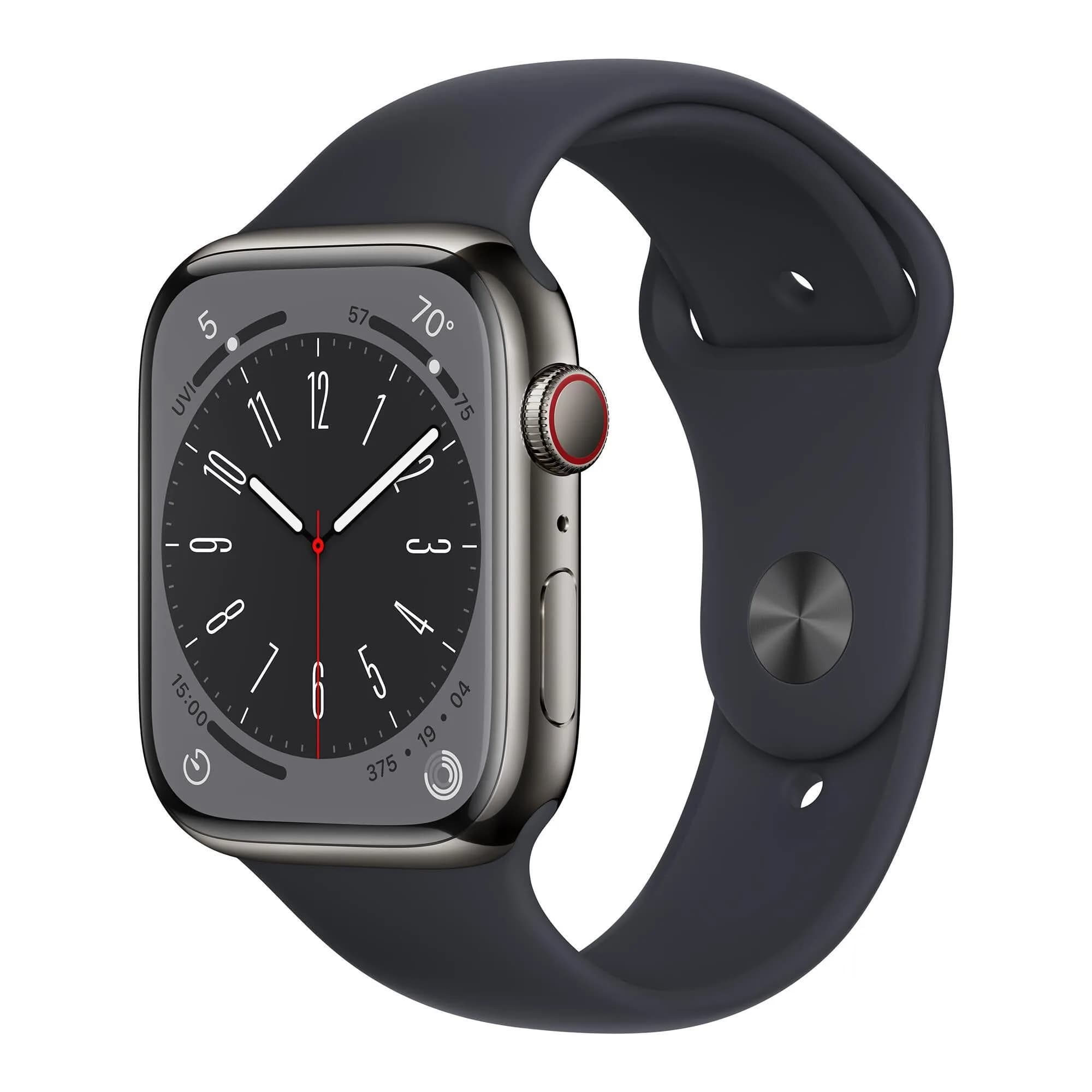 Apple Watch Series 8 GPS Cellular 45mm Smartwatch Graphite Stainless Steel Case Midnight Sport Band | Health Fitness Sleep Tracking - main product image