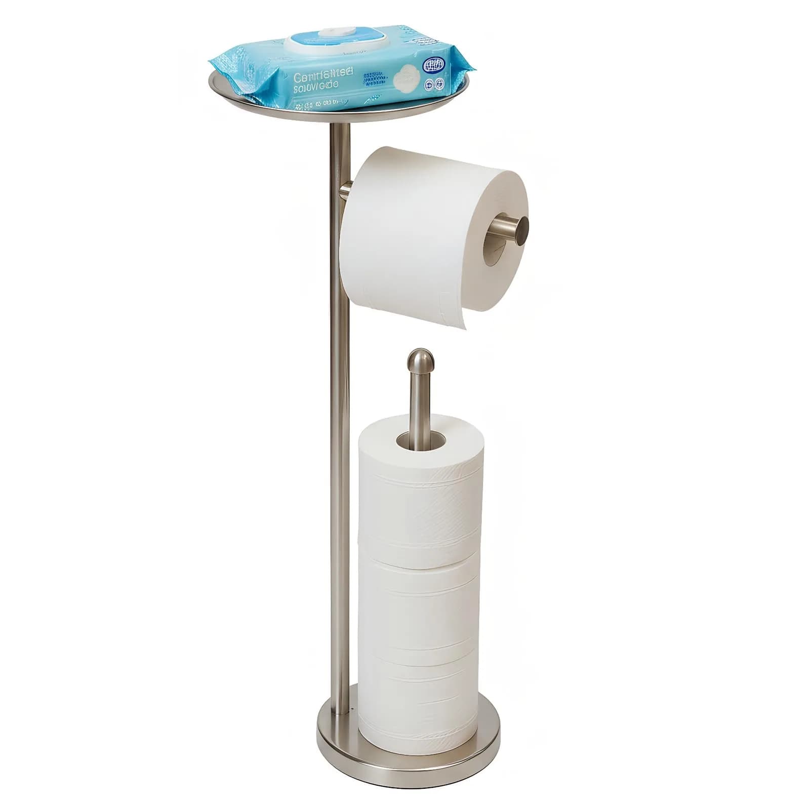 Sfemn Freestanding Toilet Paper Holder with Shelf, Brushed Nickel | 26-inch Tall, Extra 4 Rolls Storage