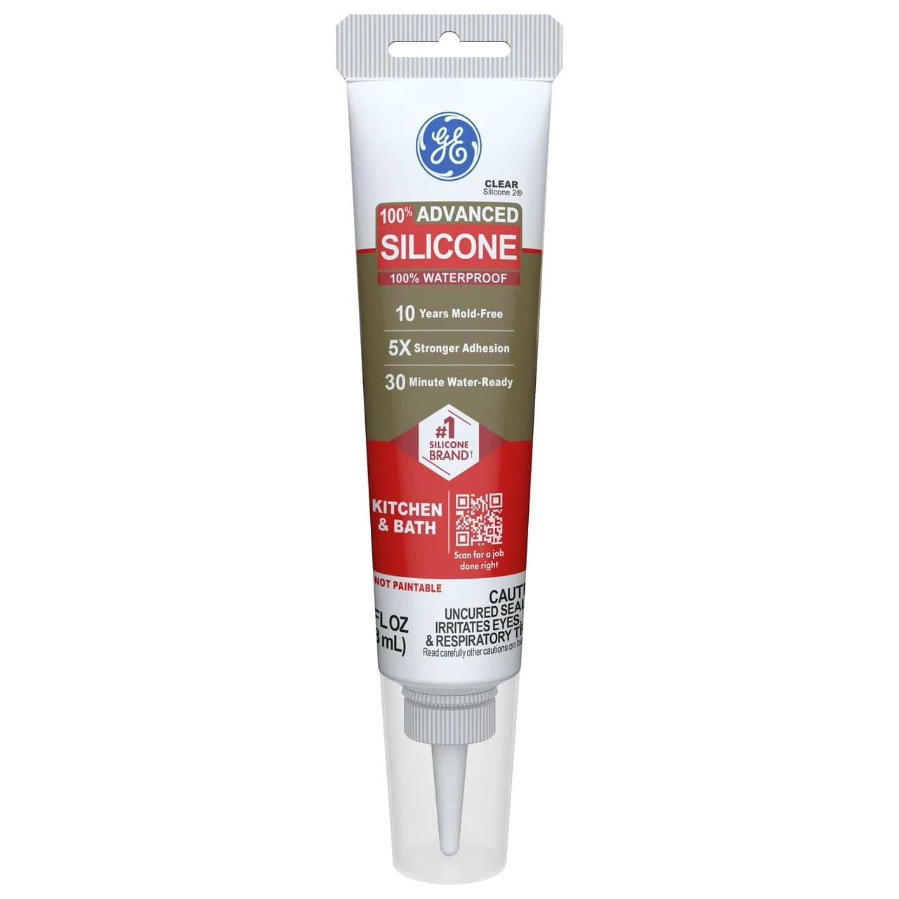 GE Advanced Silicone Caulk for Kitchen & Bathroom, Clear 2.8 fl oz (83 ml) Tube | 100% Waterproof Sealant - main product image