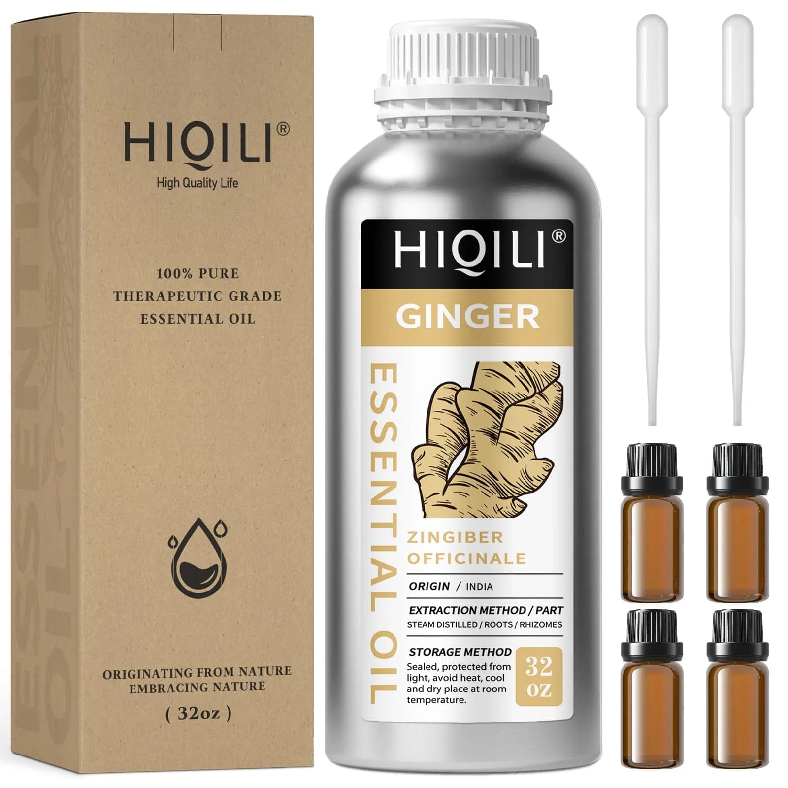 HIQILI Ginger Essential Oil for Hair, Massage, Skin (32 Fl Oz / 1000ml) | Authentic USA Import - main product image