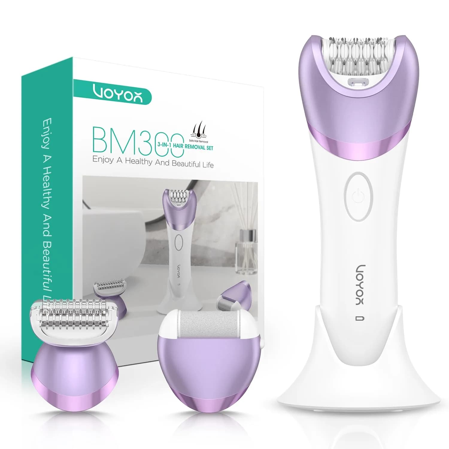 VOYOR BM300 Epilator for Women, Cordless Rechargeable Wet & Dry Hair Removal Device with 30 Tweezers & 3 Heads (Purple) - main product image