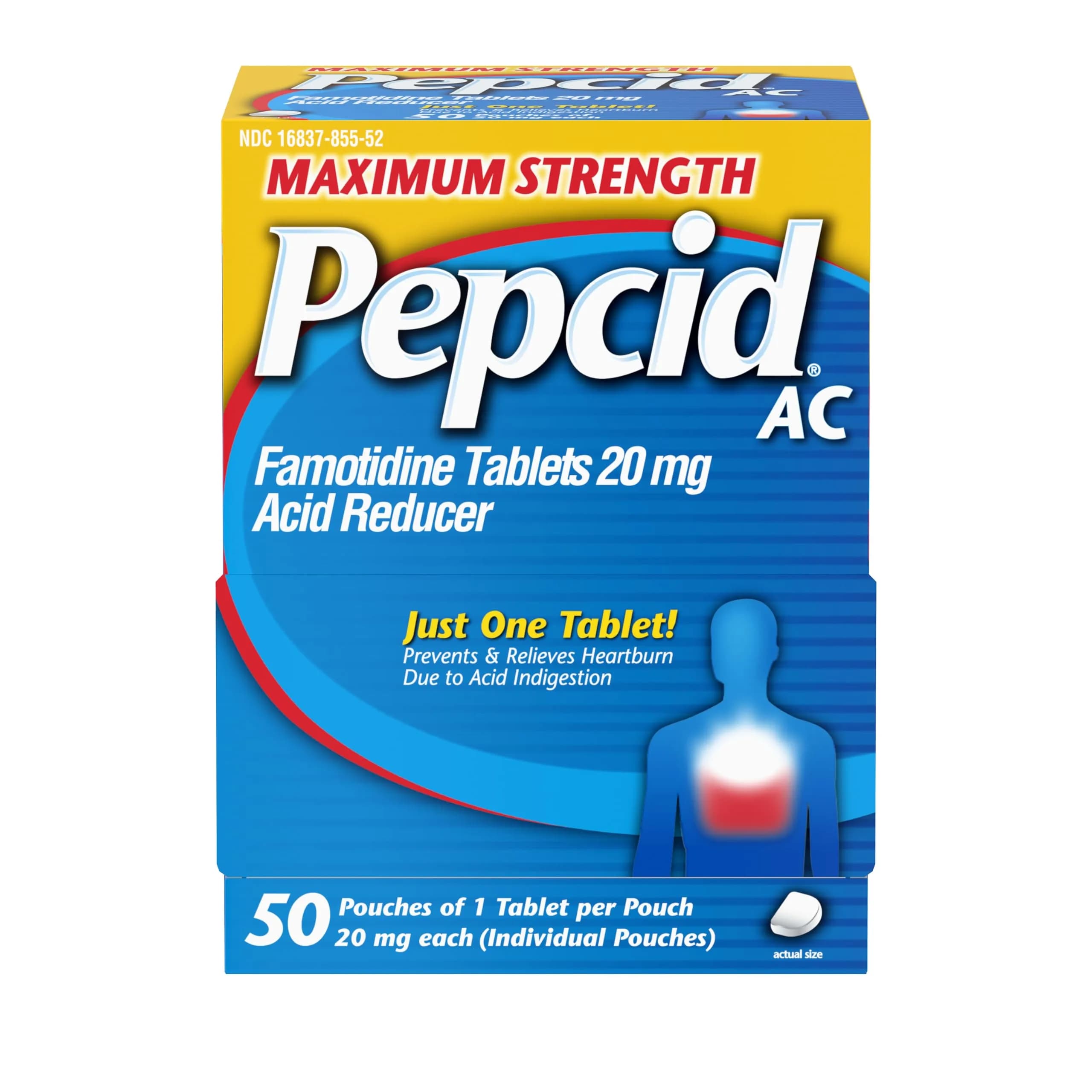 Pepcid AC Maximum Strength Tablets, 20mg Famotidine, 50 Count | Fast-Acting Heartburn Relief with Acid Reducer - main product image
