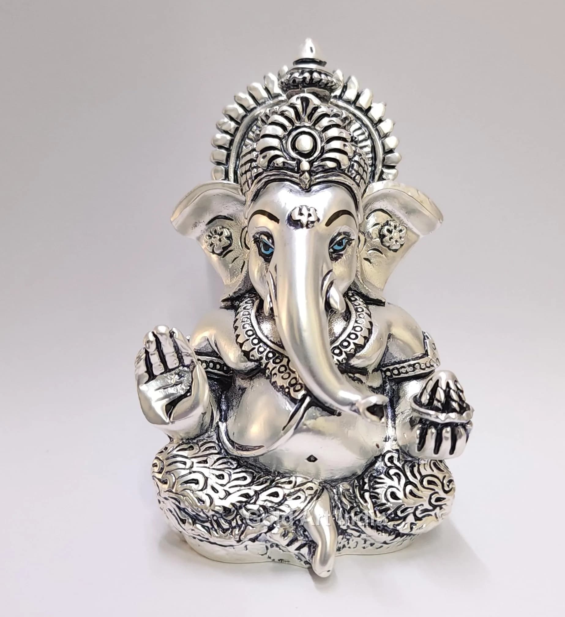 Gold Art India 999 Matte Silver Plated Mukut Ganesha Figurine 8.9 cm (3.5") | Traditional Indian Craftsmanship