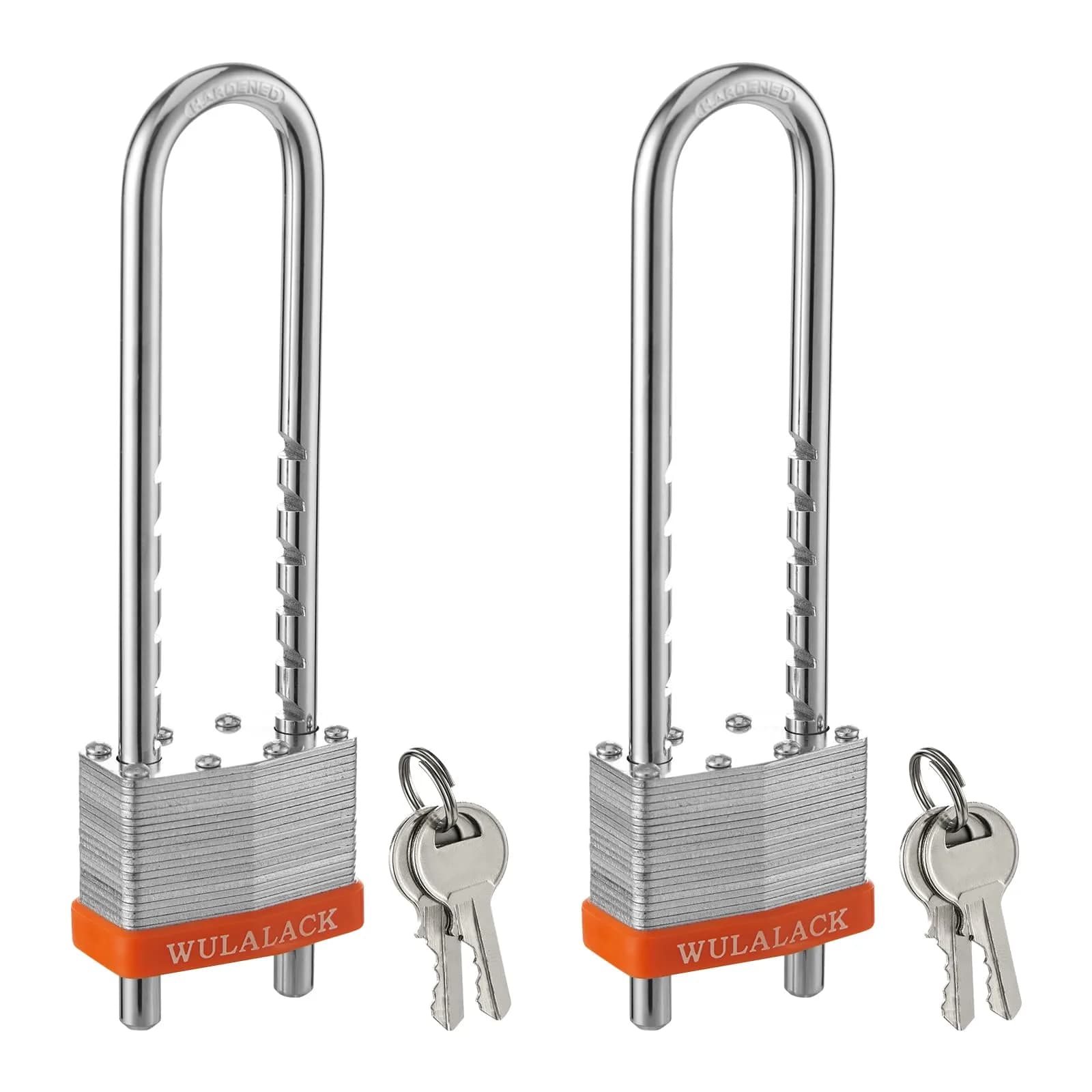 WULALACK Padlock with Key, Laminated Steel, 2 inch Wide, Adjustable Shackle, Long Shackle, 2 Keys