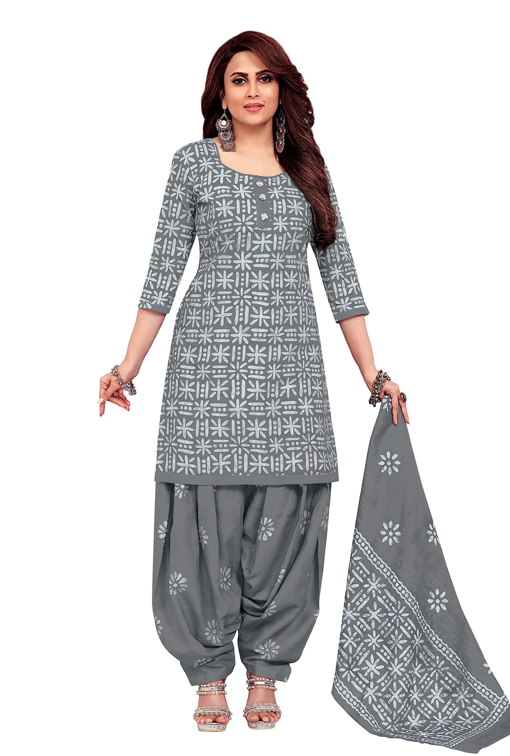 Miraan Women's Unstitched Cotton Batik Dress Material Free Size Grey | Ethnic Wear for Casual & Festive Occasions - main product image