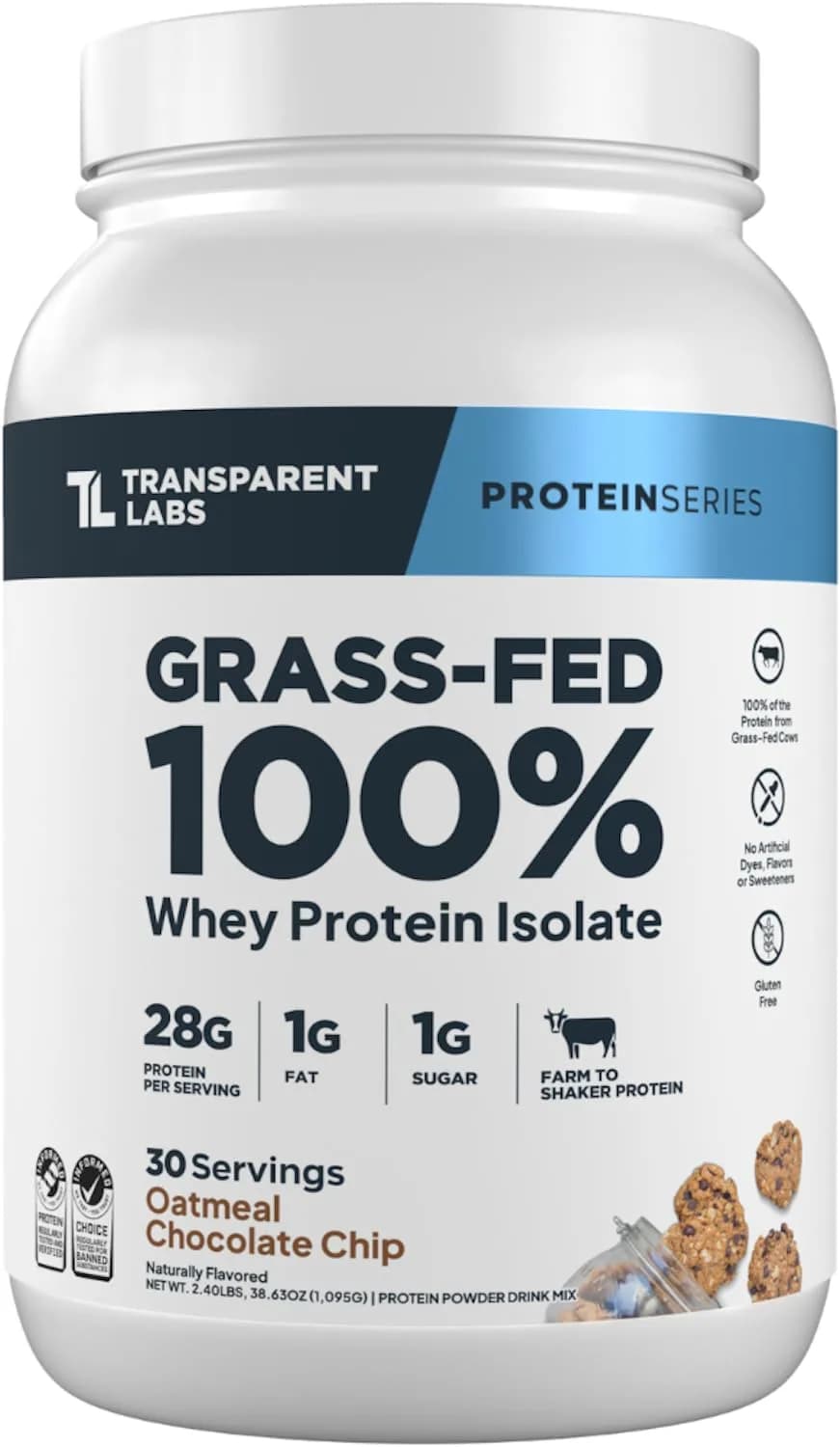 Transparent Labs Grass-Fed Whey Protein Isolate Oatmeal Chocolate Chip Cookie Flavor | 28g Protein Per Serving, 9 Essential Amino Acids - main product image