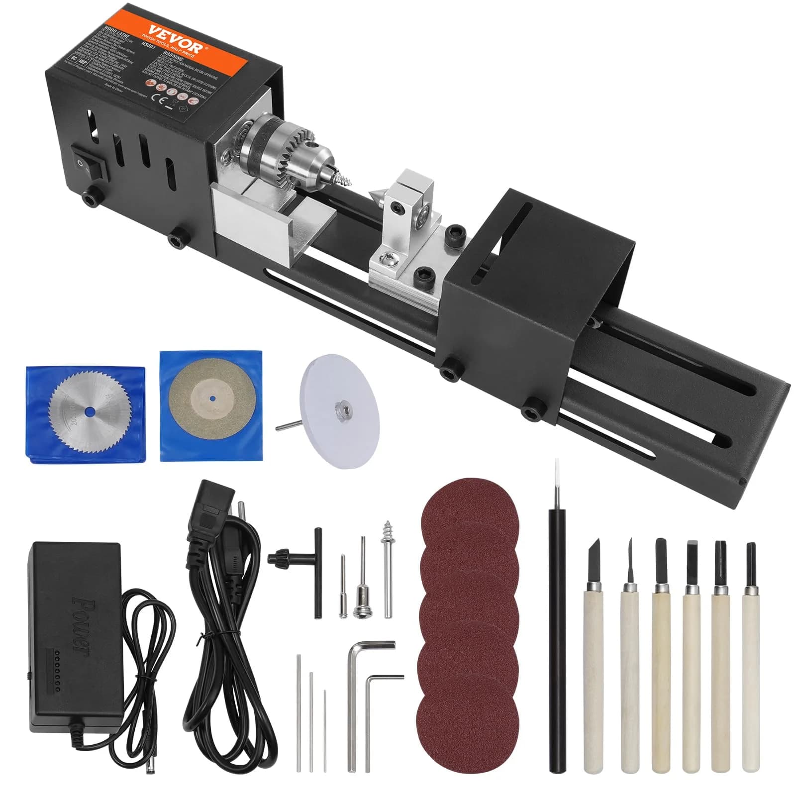 VEVOR Mini Lathe Machine 2.76 in x 6.3 in | 7 Speeds for DIY Woodworking, 96W, 24VDC, Portable & Stable (70-120c)