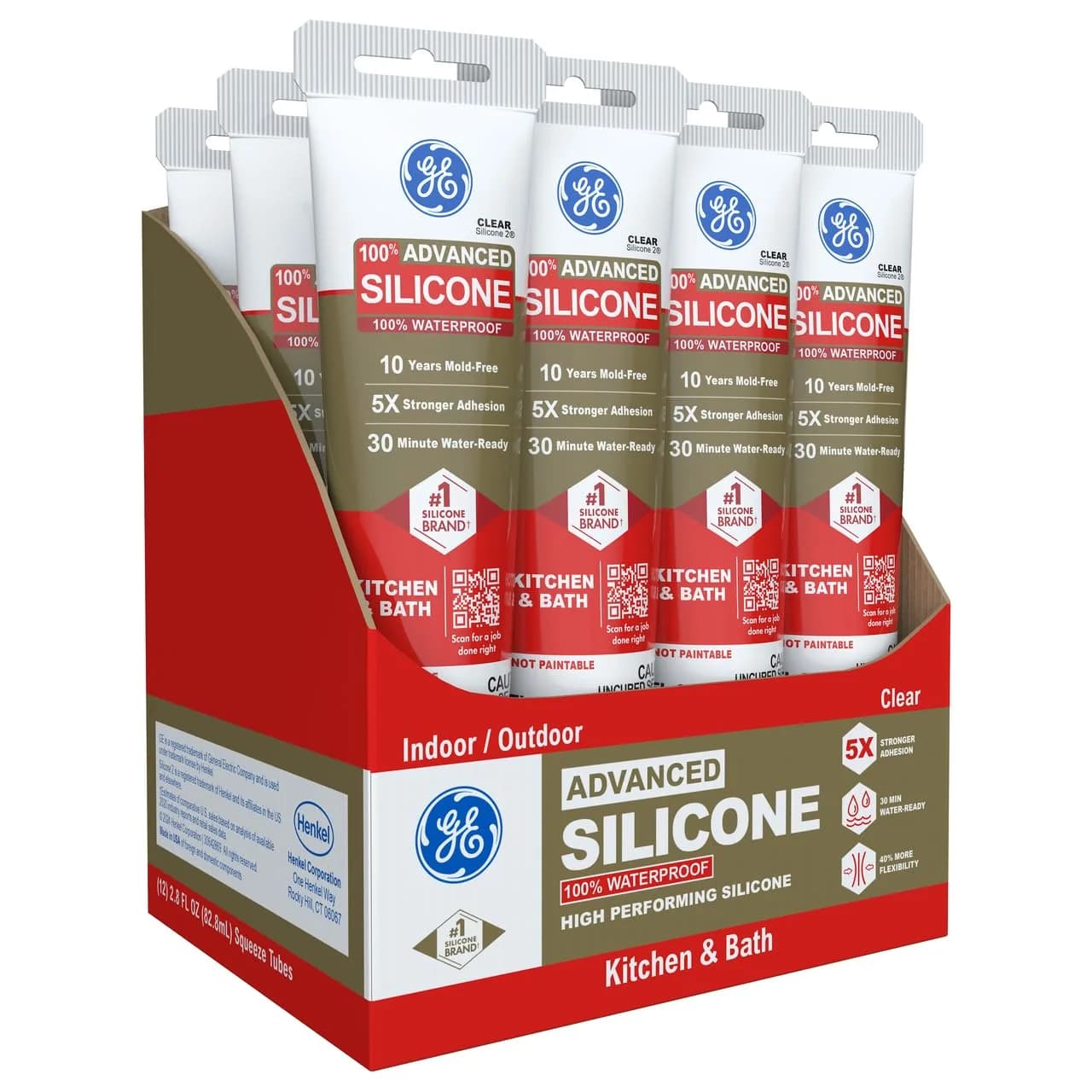 GE Advanced Silicone Caulk for Kitchen & Bathroom, Clear, 2.8 fl oz (83 ml) Tube, 12 Pack | 100% Waterproof Silicone Sealant