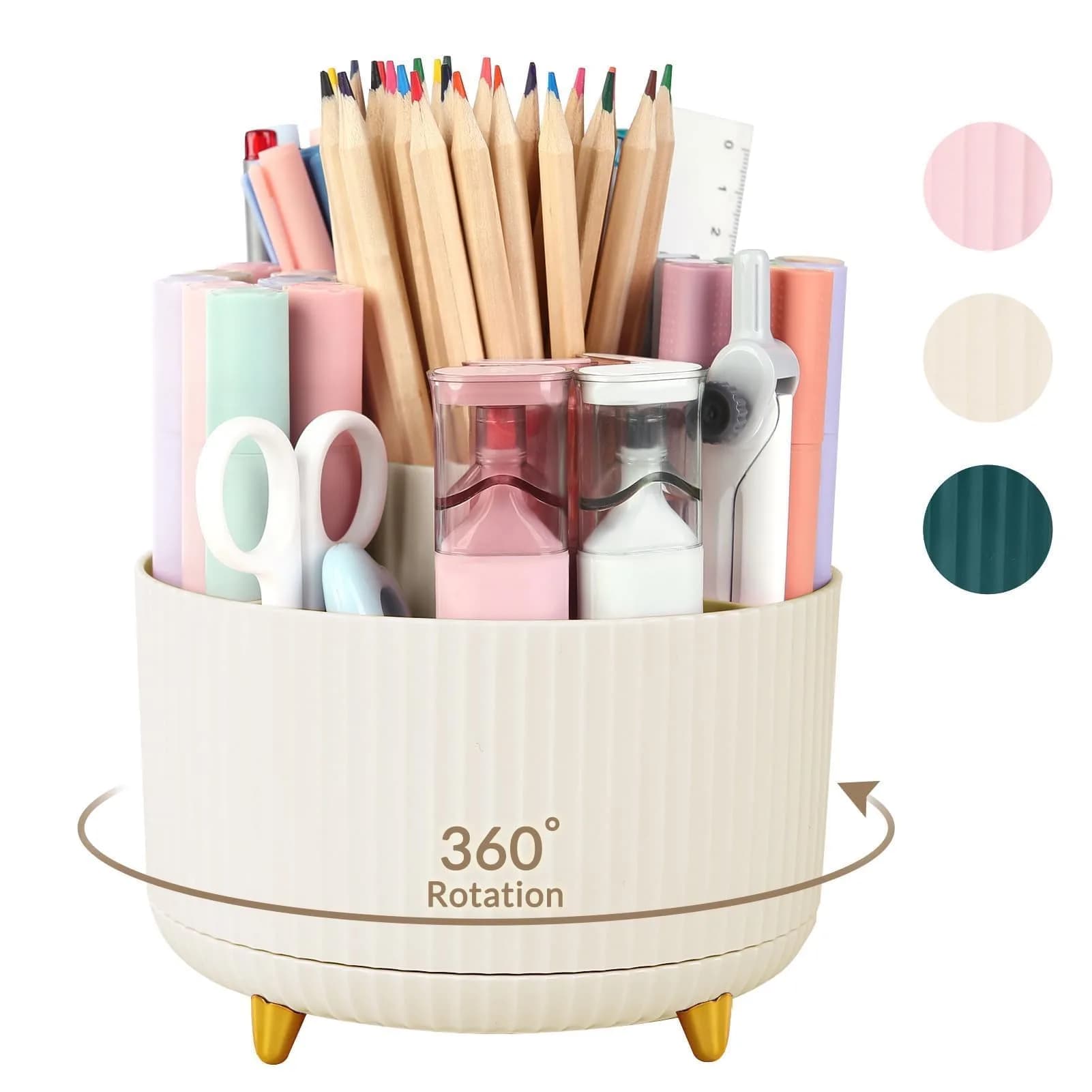 SKYDUE Rotating Desk Pen Organizer with 5 Slots, Beige 1 Pack 290g (10.2 oz) | Dual-Purpose Art Supply Pencil Cup for Office, School, Home - main product image
