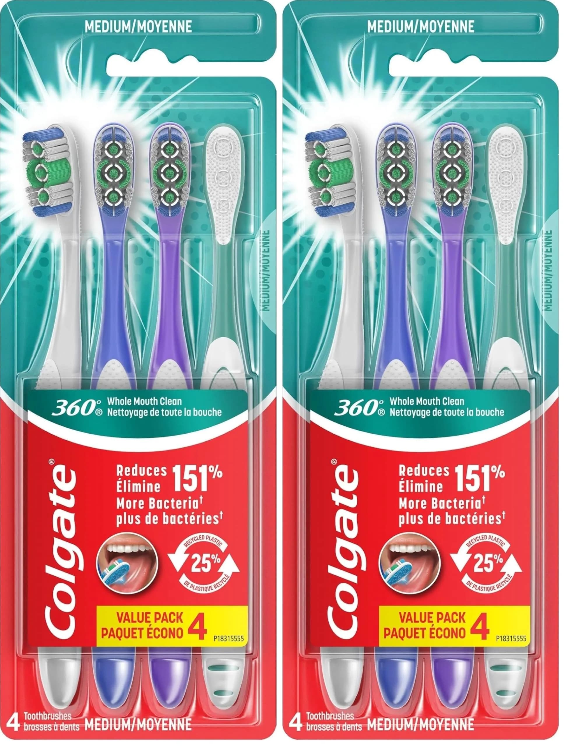 Colgate 360 Adult Toothbrush, Medium (4) Pack | Battery Powered, Red - main product image