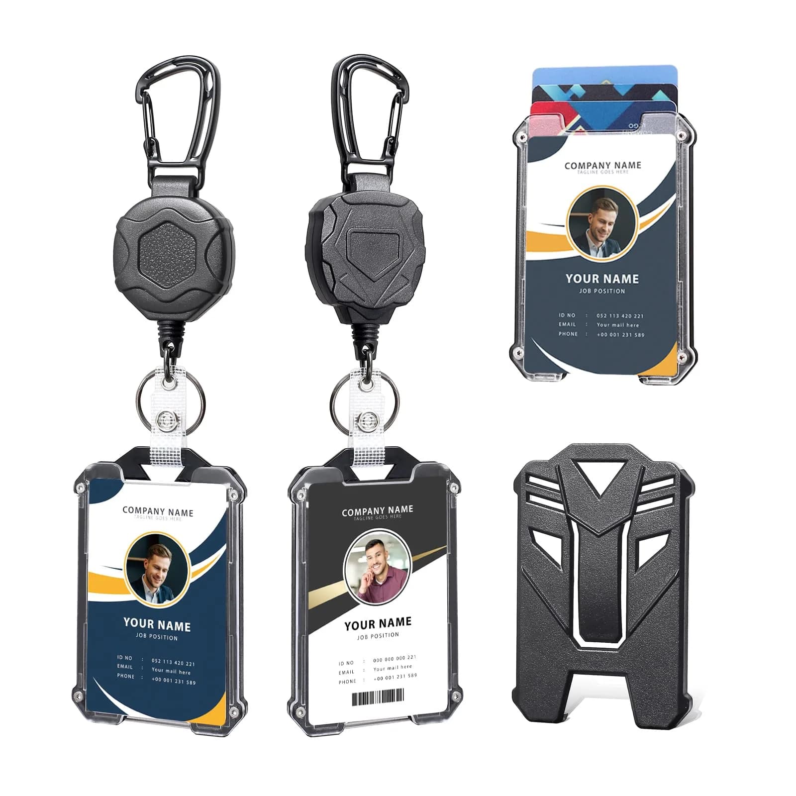 COOKOOKY Heavy Duty Retractable Badge Holder with Carabiner & Lanyard, 2-Pack Black | Strong Stainless Steel Cord - main product image