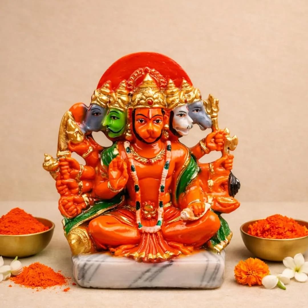 Servdharm Panchmukhi Hanuman Idol Resin 5.9" Orange | 14.9 cm Tall Traditional Religious Figurine - main product image