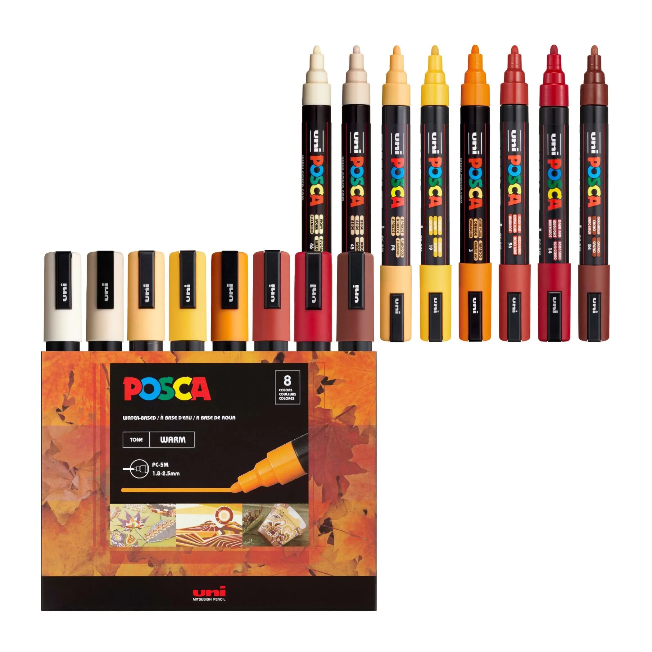POSCA PC-5M Water-Based Acrylic Paint Markers, Medium Tip, 8 Count Warm Tones | ACMI-Certified, Opaque Paint Pens for Rock, Wood, Glass, Crafts & Art Projects - main product image