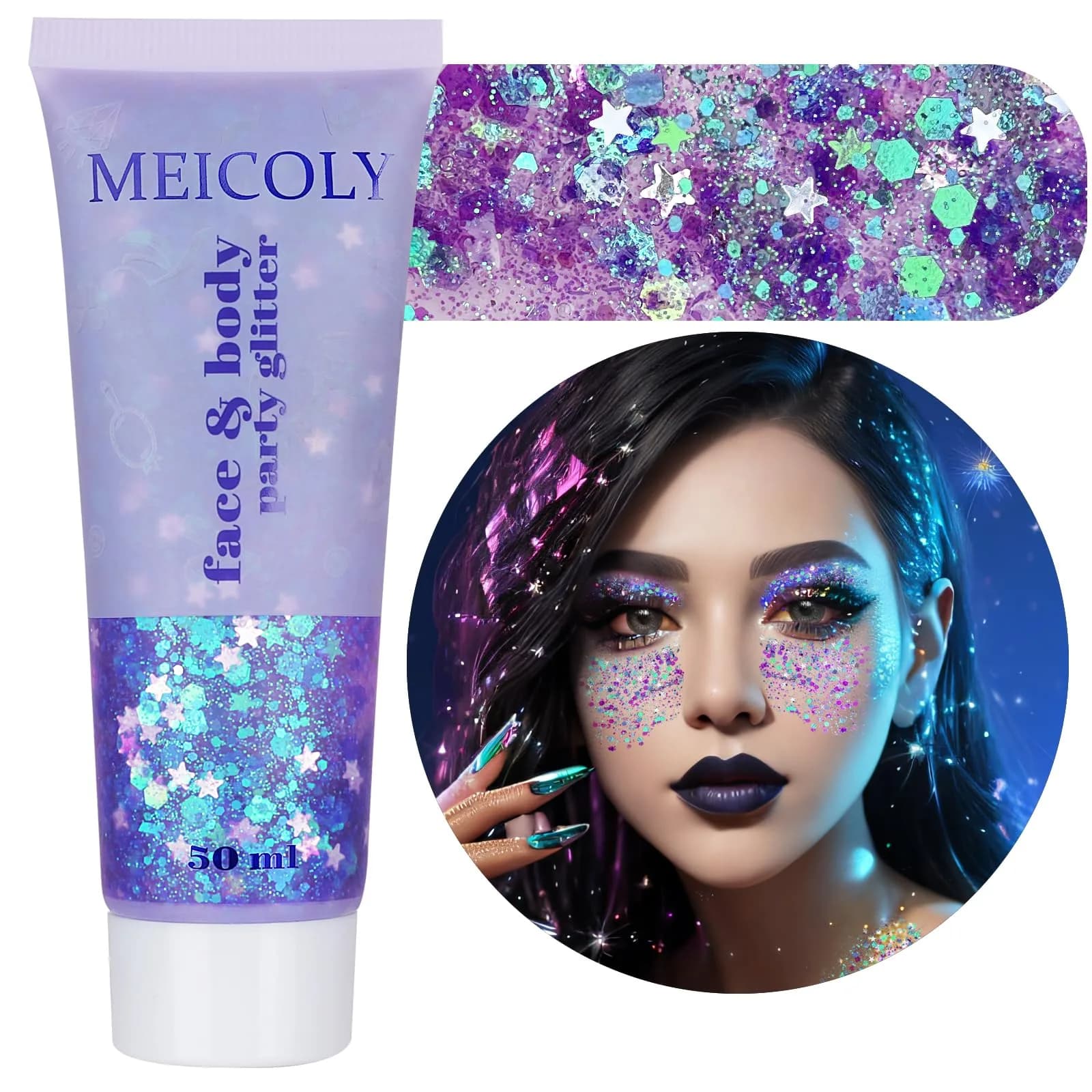 MEICOLY Light Purple Holographic Mermaid Face Glitter Gel | 25.5 g (0.9 oz) - main product image