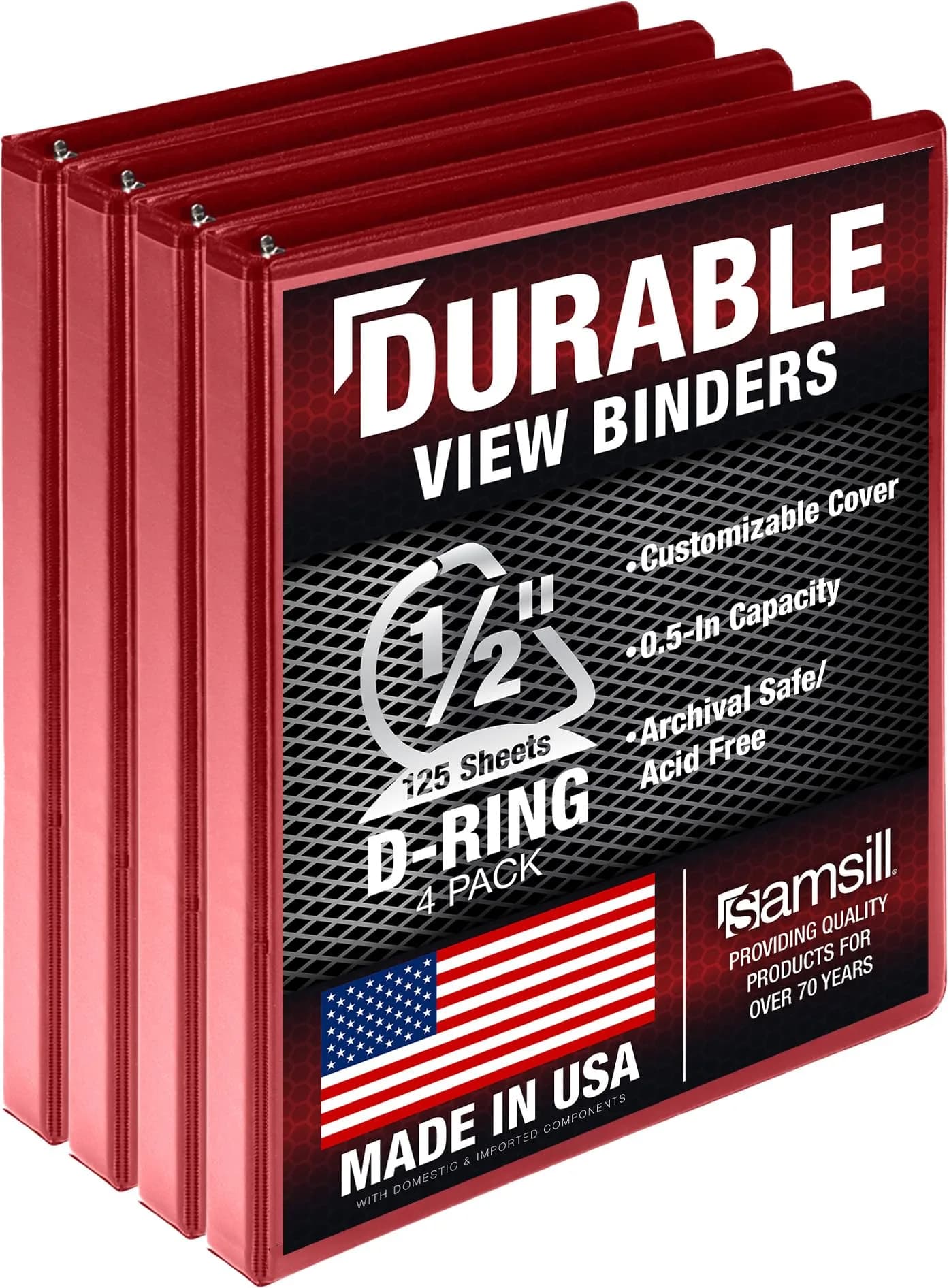 Samsill Durable 1.3cm (0.5 Inch) 4 Pack Binder, D-Ring, Red | Value Pack Storage Binder for Students - main product image