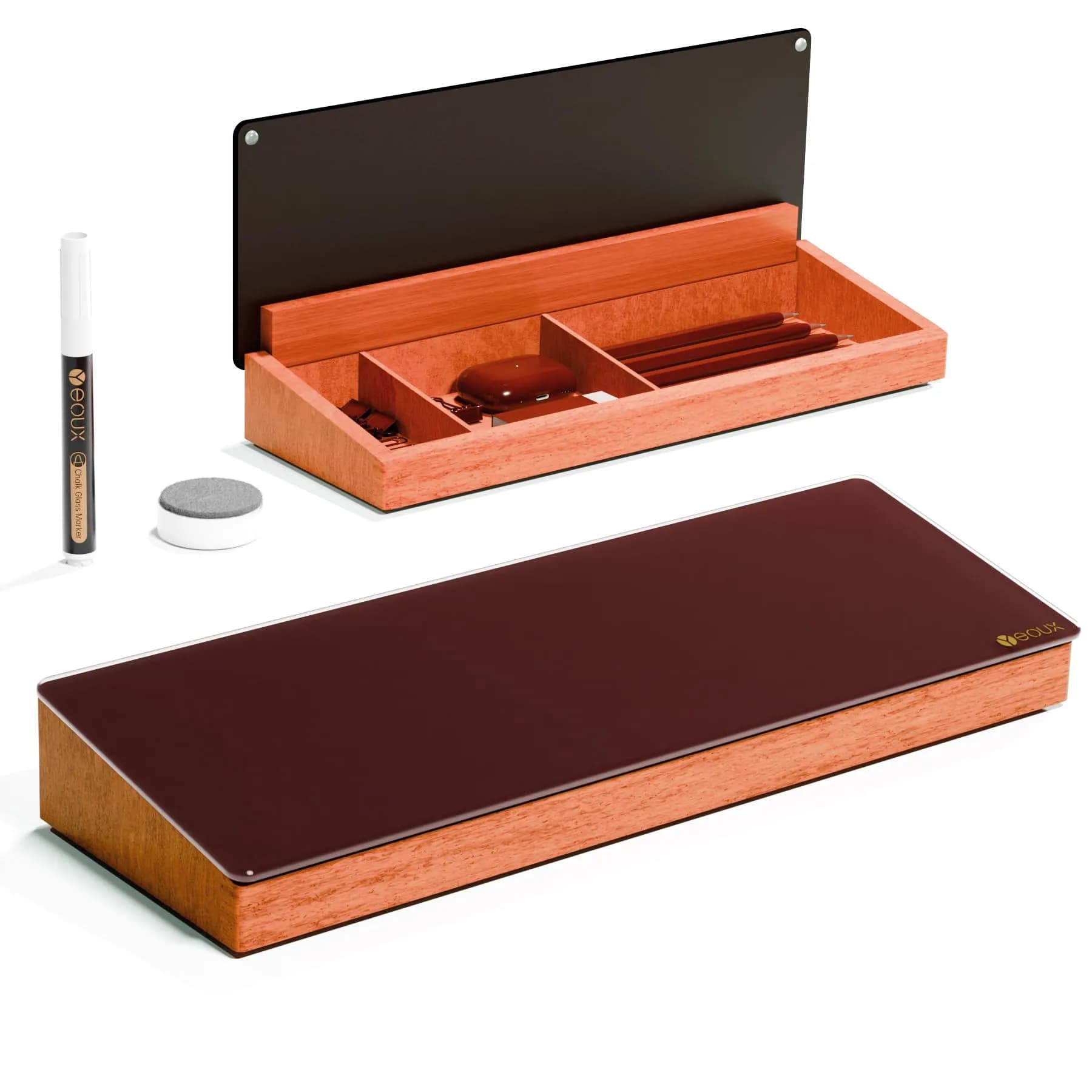 YEOUX Desktop Black Glass Dry Erase Board with Wood Organizers 14"W x 2.4"H | Elegant Office Whiteboard